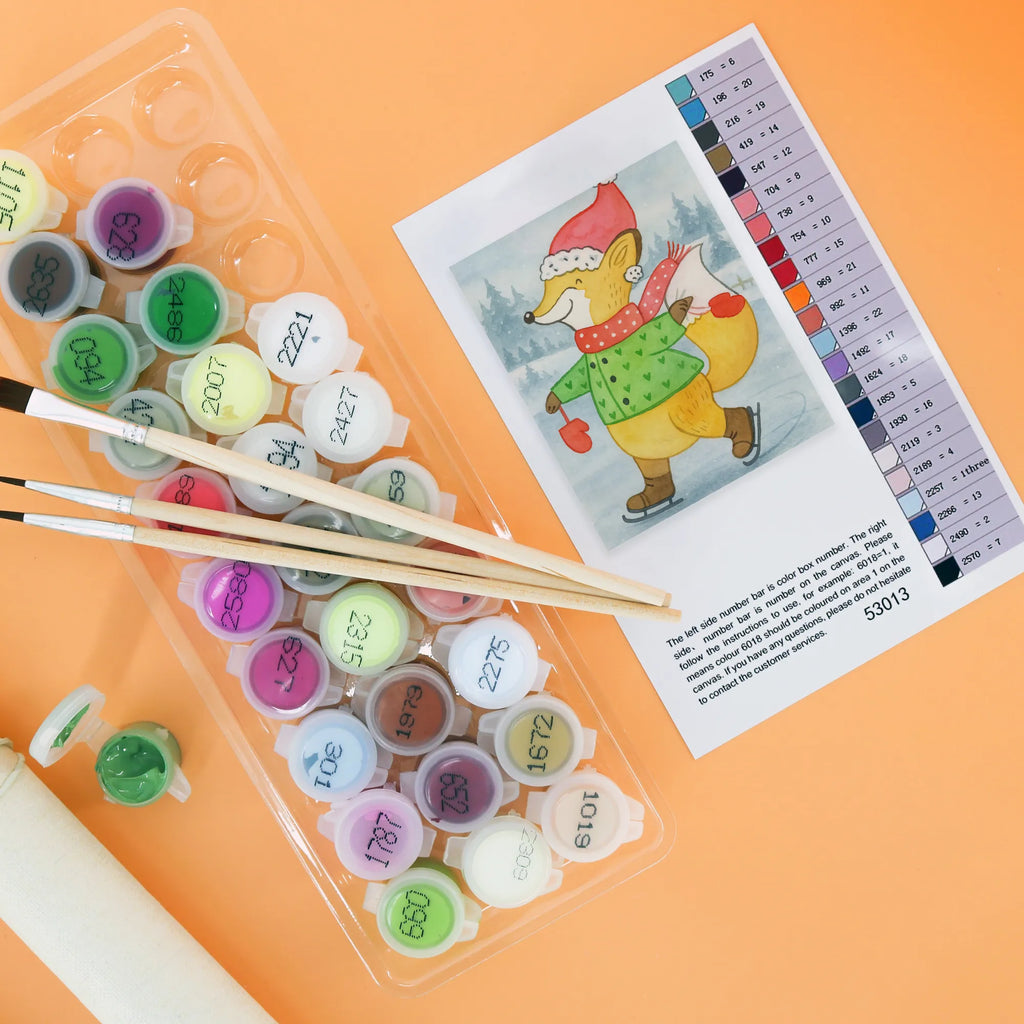 Paint by Numbers Fox skates Design Winter, Christmas, Christmas time, snow, fir tree, christmas, christmas tree, winter, santa claus, christmas time, christmas days, christmas eve, christmas present