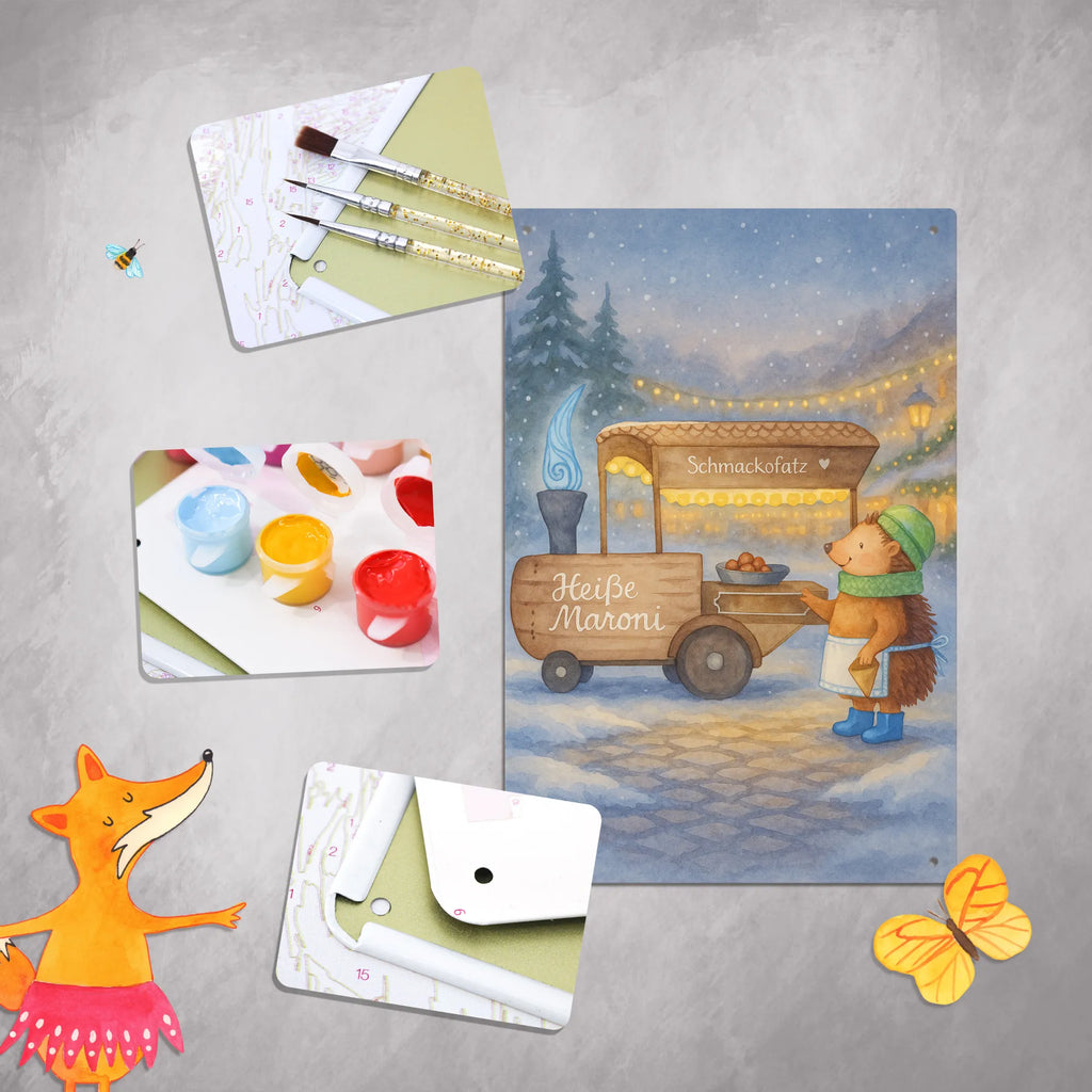 Paint by Numbers Metal Sign hedgehog Chestnuts Design Winter, Christmas, Christmas time, snow