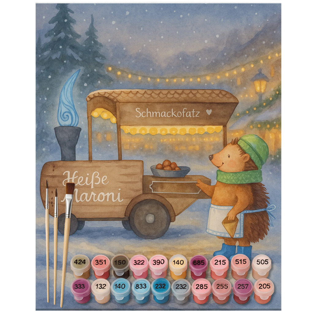 Paint by Numbers hedgehog Chestnuts Design Künstler, DIY, Malen, Ausmalbild, Baseln, Malen nach Zahlen, Kunstwerk, Bastelidee, Kreativität, Winter, Weihnachten, Weihnachtsdeko, Nikolaus, Advent, Heiligabend, Wintermotiv, Weihnachtsmarkt, Kastanien, Duft, Maronen