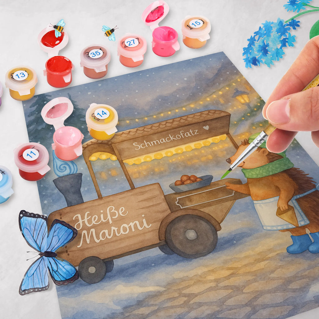 Paint by Numbers hedgehog Chestnuts Design Künstler, DIY, Malen, Ausmalbild, Baseln, Malen nach Zahlen, Kunstwerk, Bastelidee, Kreativität, Winter, Weihnachten, Weihnachtsdeko, Nikolaus, Advent, Heiligabend, Wintermotiv, Weihnachtsmarkt, Kastanien, Duft, Maronen