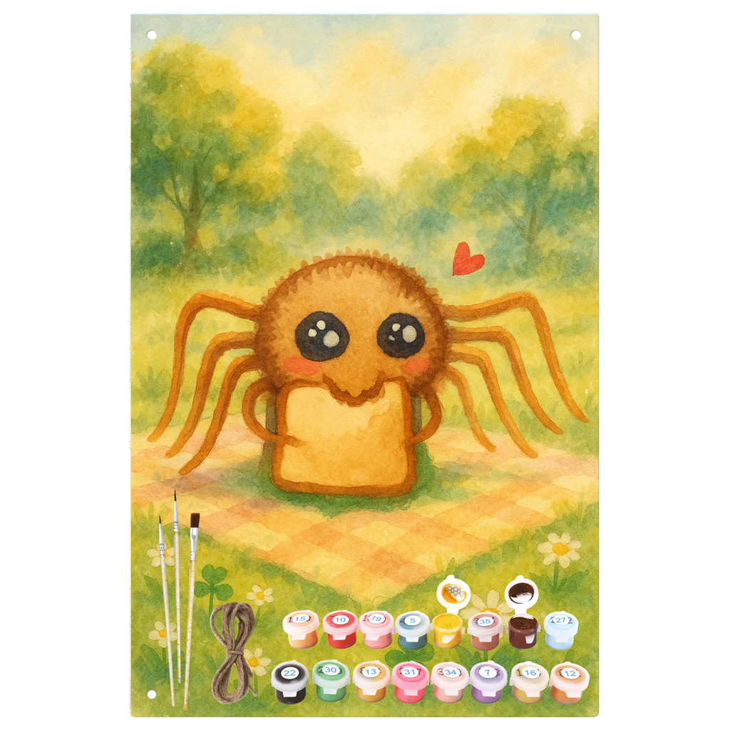 Malen nach Zahlen Metallschild Spinne Agathe Sandwich Design Ausmalbild, DIY, Malen nach Zahlen, Baseln, Kreativität, Kunstwerk, Bastelidee, Künstler, Malen, Spinne Agathe, Spinne, Agathe, Videos, Merchandise, Lebensfreude, Alles wird gut, Mut, Glück, Hunger, Hungrig, Verfressen