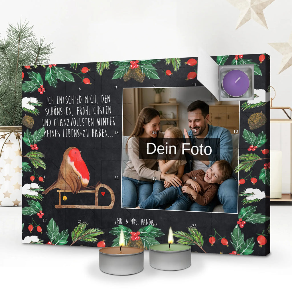 Personalisierter Duftkerzen Foto Adventskalender Rotkehlchen Schlitten Personalisierter Duftkerzen Foto Adventskalender, Winter, Weihnachten, Weihnachtsdeko, Nikolaus, Advent, Heiligabend, Wintermotiv, Vogel, Schlitten