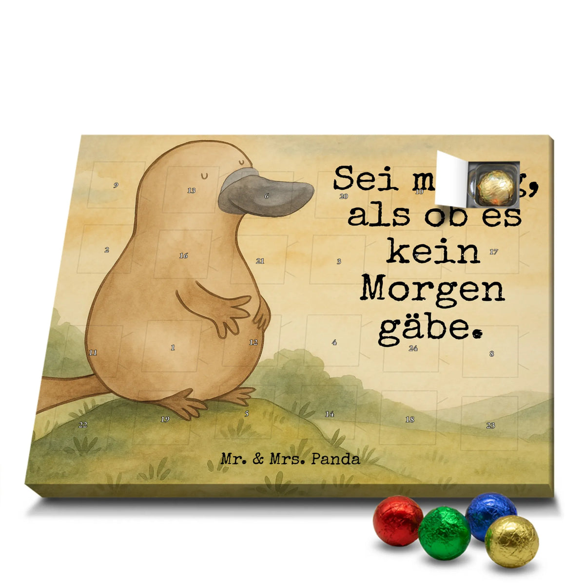 Chocolate advent calendar platypus courage Design gift ideas, vacation, Seafood, aquatic animals, ocean, shells, corals, reef, whale, narwhal, sea urchin, lobster, platypus, manatee, crocodile, shrimp, gifts for seafood lovers, water world, underwater animals, underwater world, deep sea, seafood fans, seafood decoration, seafood posters, courage, Platypus, work, wisdom, world trip, new start, brave, new beginning