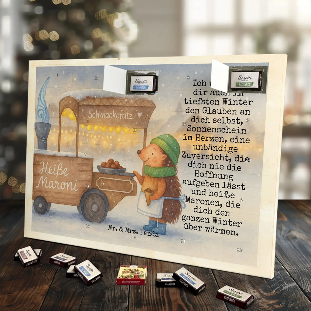 Chocolate advent calendar hedgehog Chestnuts Design Christmas time, snow