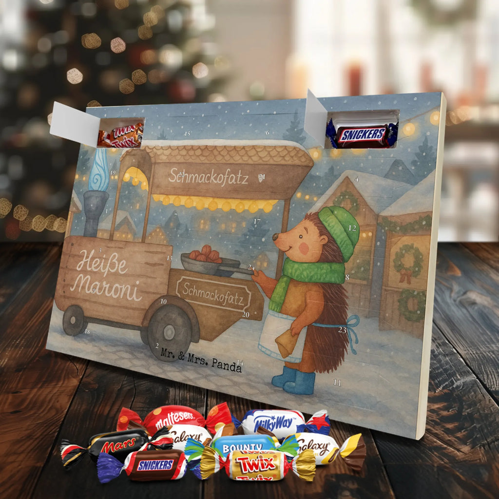 Chocolate advent calendar hedgehog Chestnuts Design Christmas time, snow