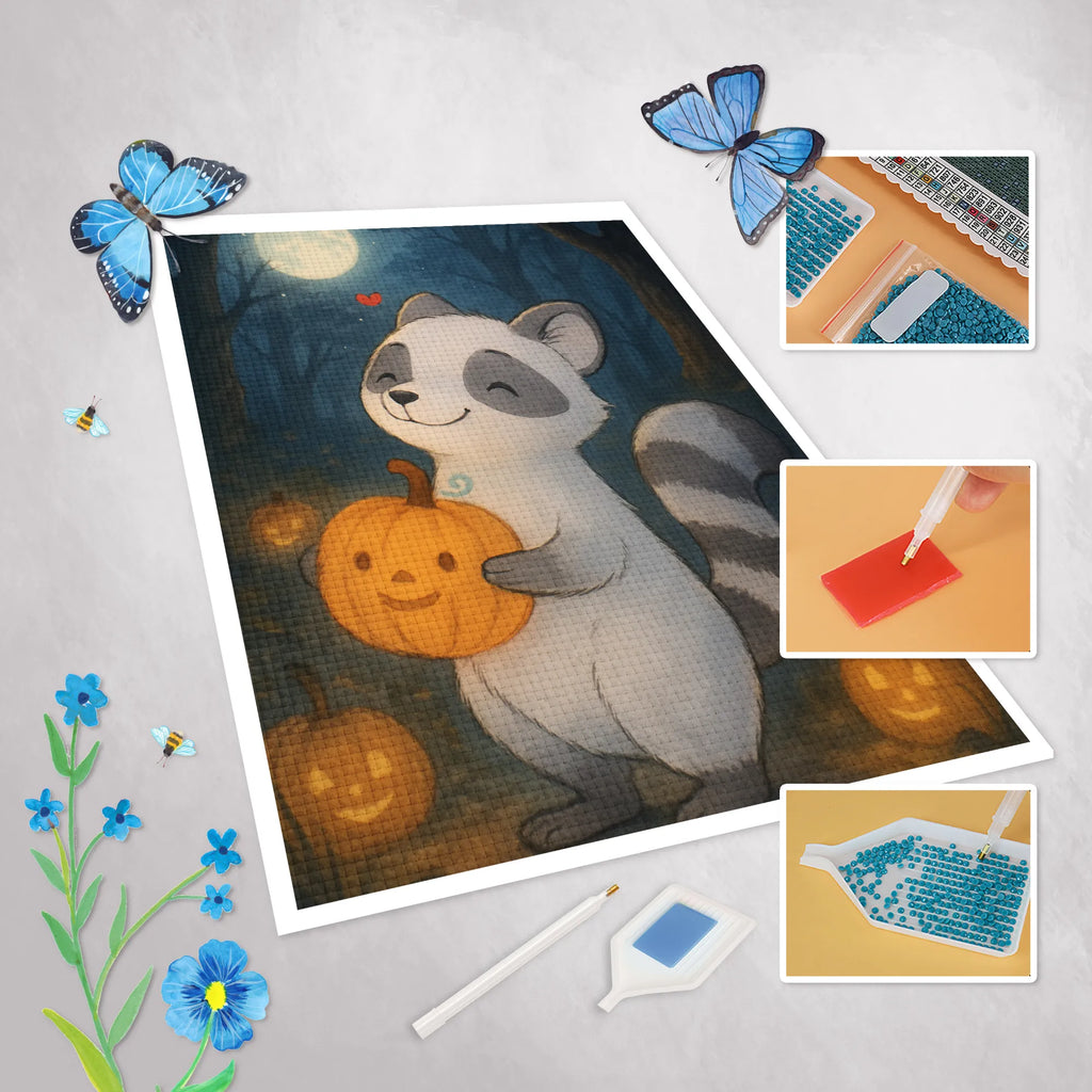 Diamond Painting Raccoon Pumpkin Design Halloween, decoration, Martin singing, decor, gifts, giving