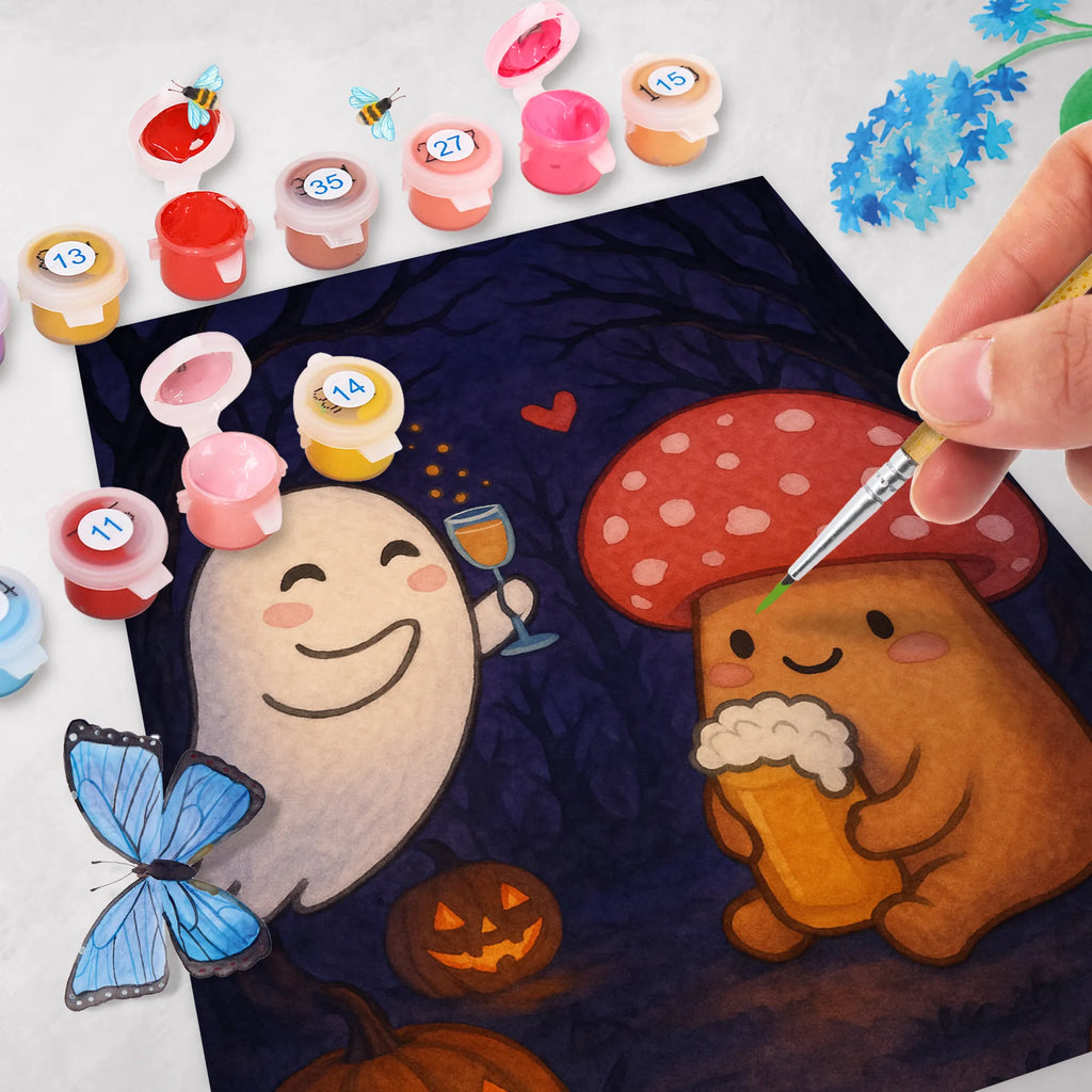 Paint by Numbers Ghost Cheers Design Bastelidee, Malen nach Zahlen, Kreativität, Baseln, DIY, Künstler, Ausmalbild, Kunstwerk, Malen, Halloween, Deko, Martinssingen, Dekoration, Geschenke, Schenken, Sekt, Fliegenpilz, Bier, Gespenst, Pils