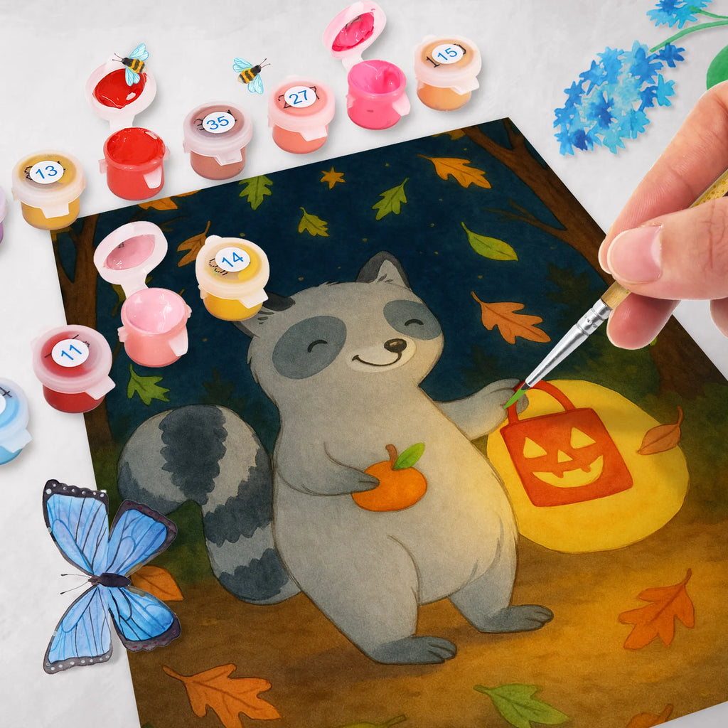 Malowanie według numerów szop pracz latarnia Design Ausmalbild, Malen, DIY, Kunstwerk, Kreativität, Baseln, Malen nach Zahlen, Künstler, Bastelidee, Halloween, Deko, Martinssingen, Dekoration, Geschenke, Schenken, Süßes sonst gibt's saures, Waschbär, Halloween Deko, Laterne, Trick or Treat, Herbst