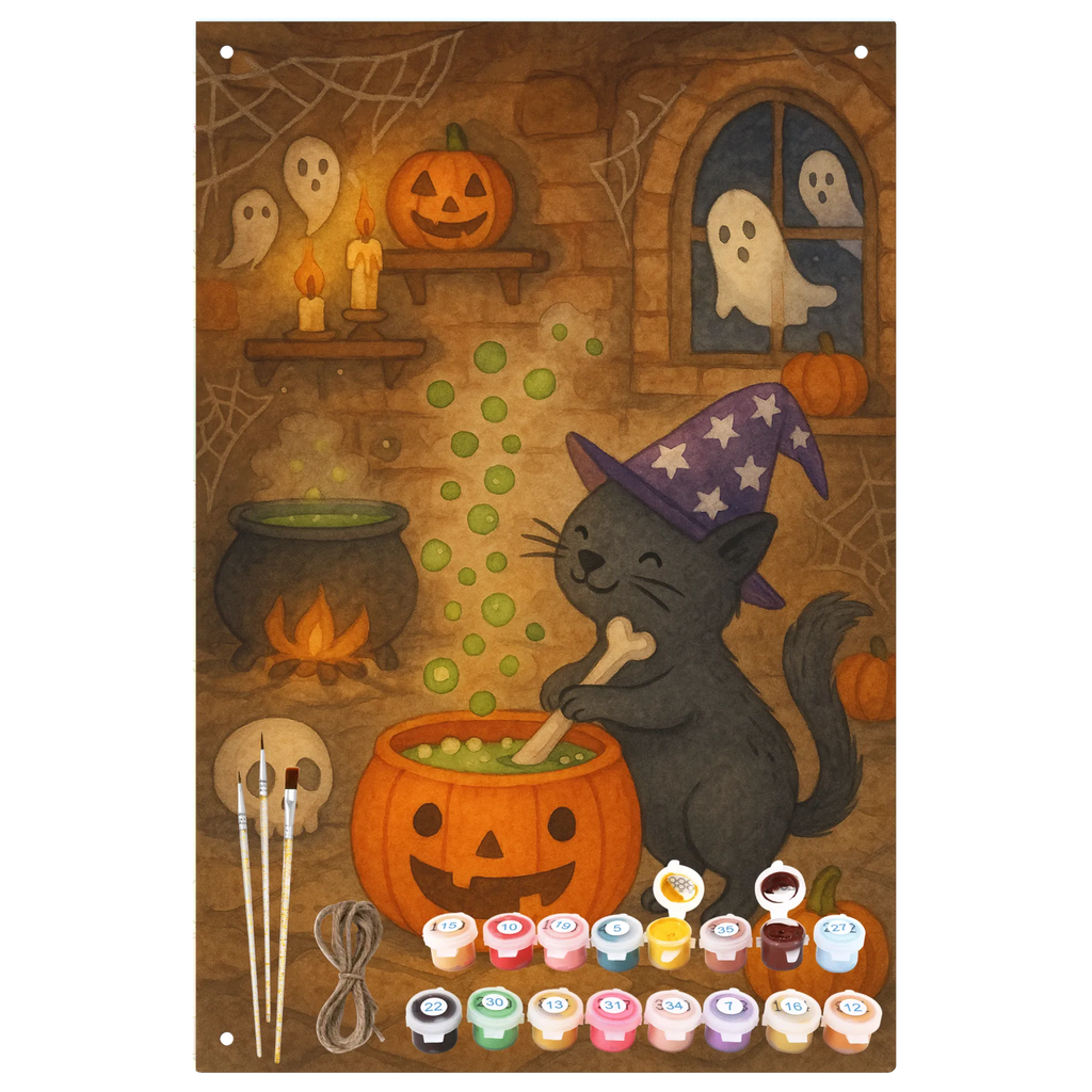 Malen nach Zahlen Metallschild Kater Hexenkessel Design DIY, Malen, Kunstwerk, Bastelidee, Baseln, Kreativität, Malen nach Zahlen, Ausmalbild, Künstler, Halloween, Deko, Martinssingen, Dekoration, Geschenke, Schenken, Kater, Zaubern, Hexe, Zaubertrank, Hexenkessel