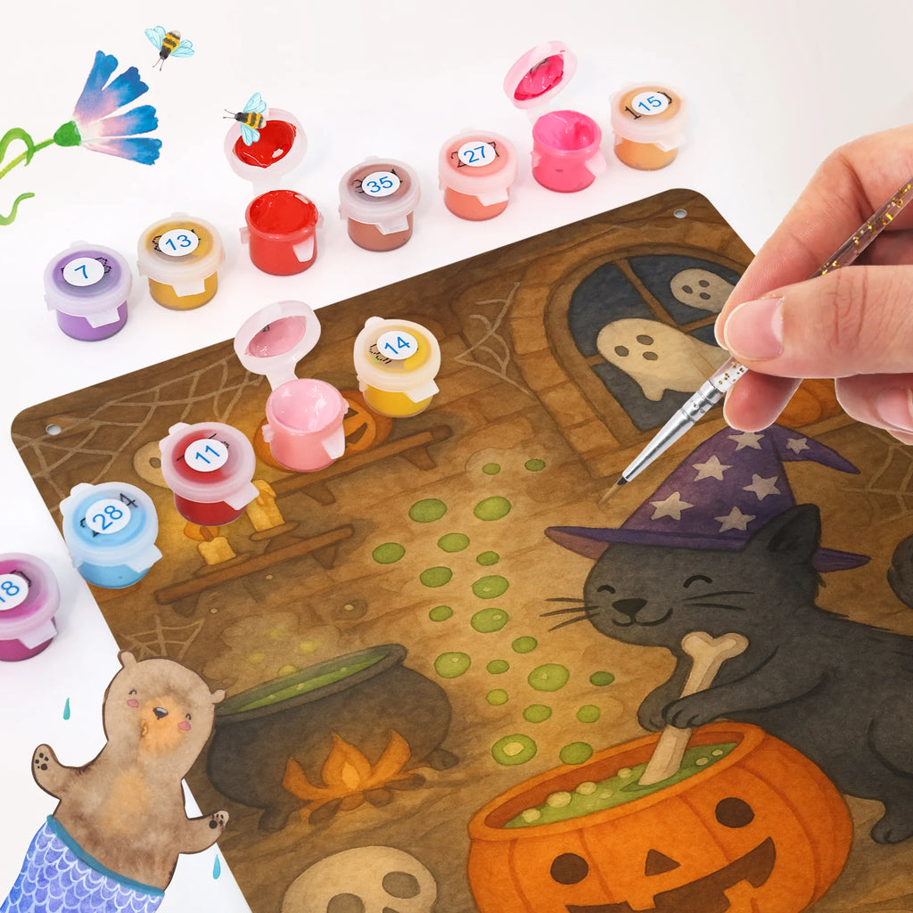 Malen nach Zahlen Metallschild Kater Hexenkessel Design DIY, Malen, Kunstwerk, Bastelidee, Baseln, Kreativität, Malen nach Zahlen, Ausmalbild, Künstler, Halloween, Deko, Martinssingen, Dekoration, Geschenke, Schenken, Kater, Zaubern, Hexe, Zaubertrank, Hexenkessel