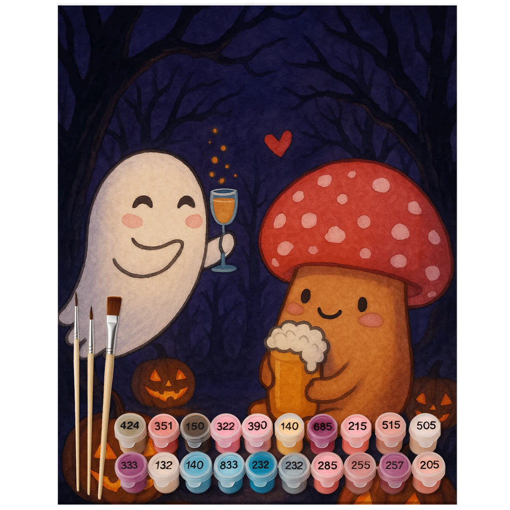 Paint by Numbers Ghost Cheers Design Bastelidee, Malen nach Zahlen, Kreativität, Baseln, DIY, Künstler, Ausmalbild, Kunstwerk, Malen, Halloween, Deko, Martinssingen, Dekoration, Geschenke, Schenken, Sekt, Fliegenpilz, Bier, Gespenst, Pils