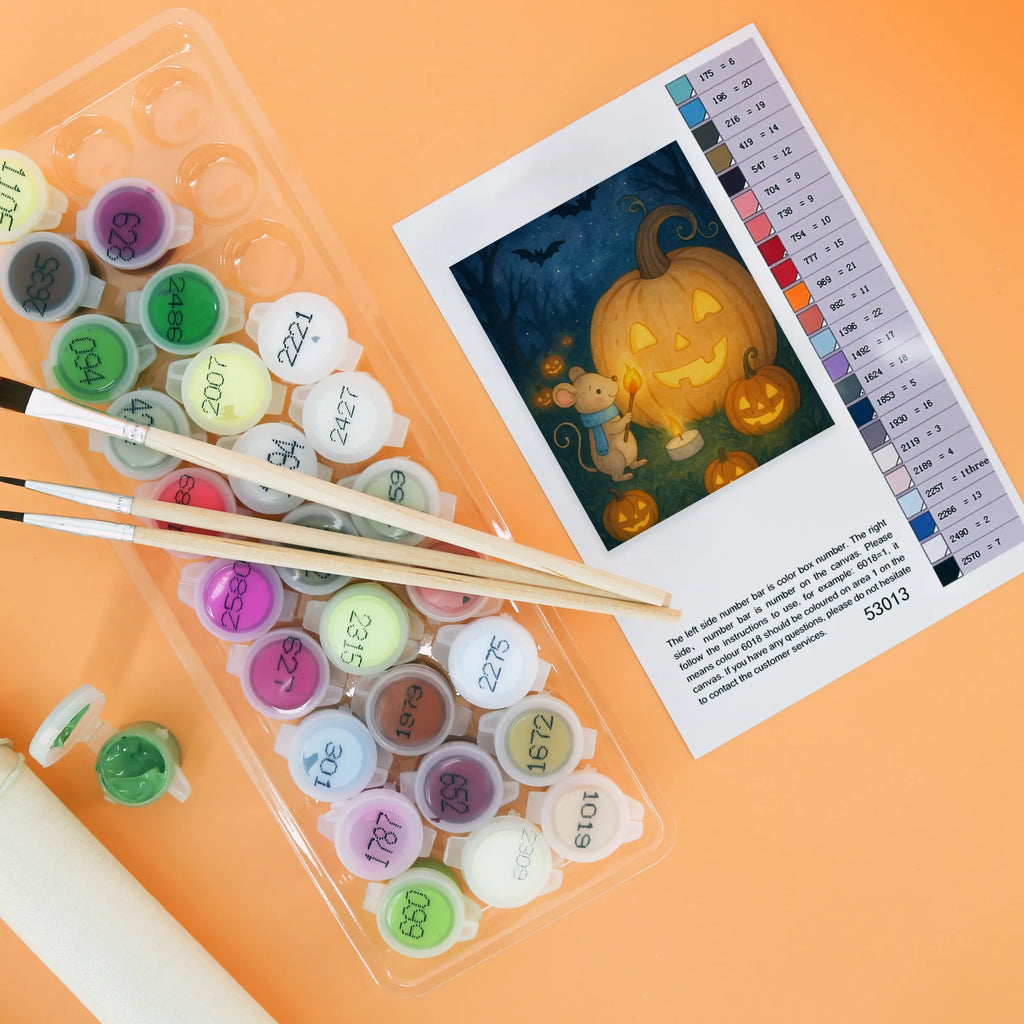 Malowanie według numerów dynia mysz Design DIY, Kunstwerk, Bastelidee, Kreativität, Künstler, Malen nach Zahlen, Malen, Ausmalbild, Baseln, Halloween, Deko, Martinssingen, Dekoration, Geschenke, Schenken, Kerzen, Trick or Treat, Halloween Deko, Süßes sonst gibt's saures, Maus, Kürbis