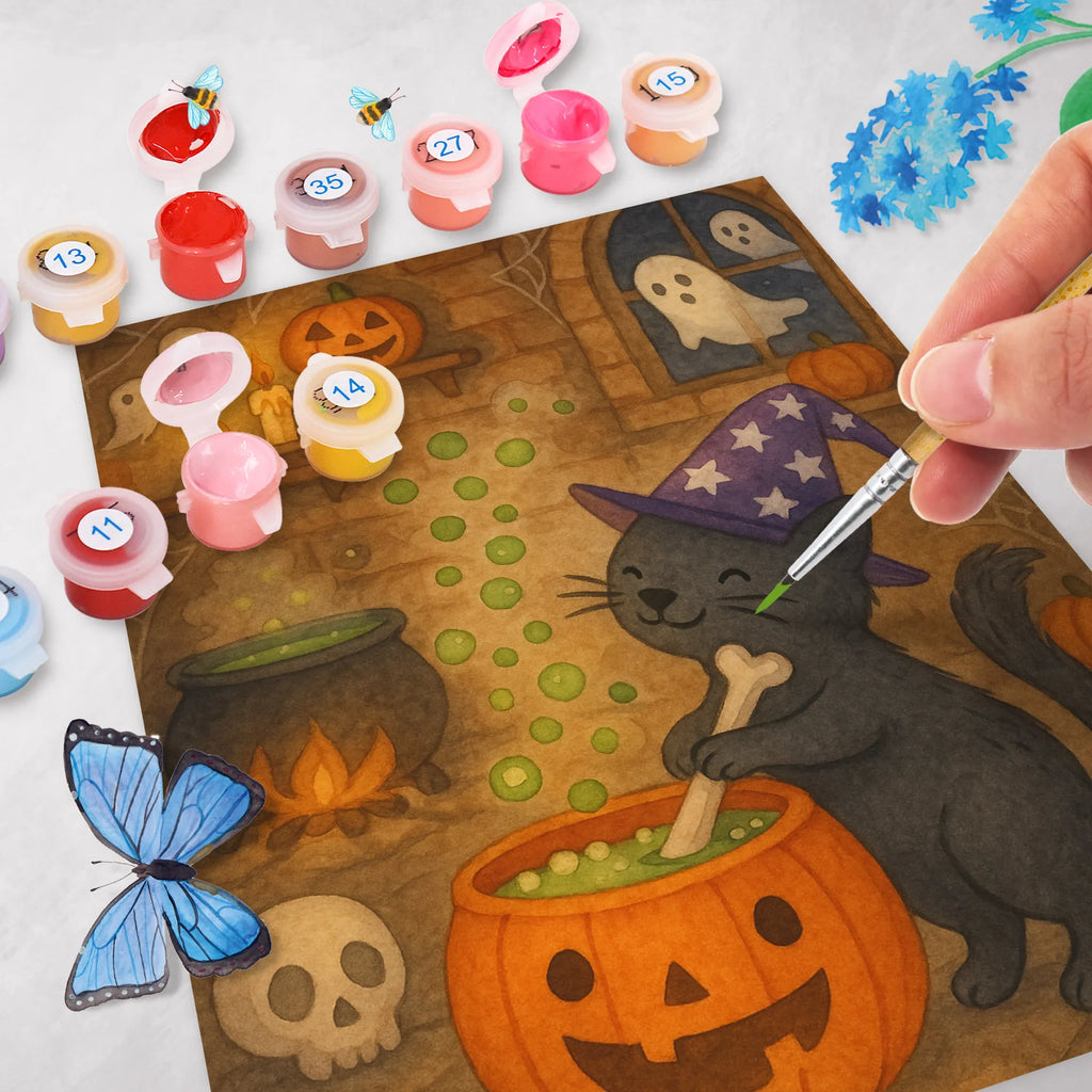 Paint by Numbers Male Cat Cauldron Design DIY, Ausmalbild, Malen nach Zahlen, Malen, Bastelidee, Kreativität, Künstler, Kunstwerk, Baseln, Halloween, Deko, Martinssingen, Dekoration, Geschenke, Schenken, Hexenkessel, Zaubertrank, Kater, Hexe, Zaubern