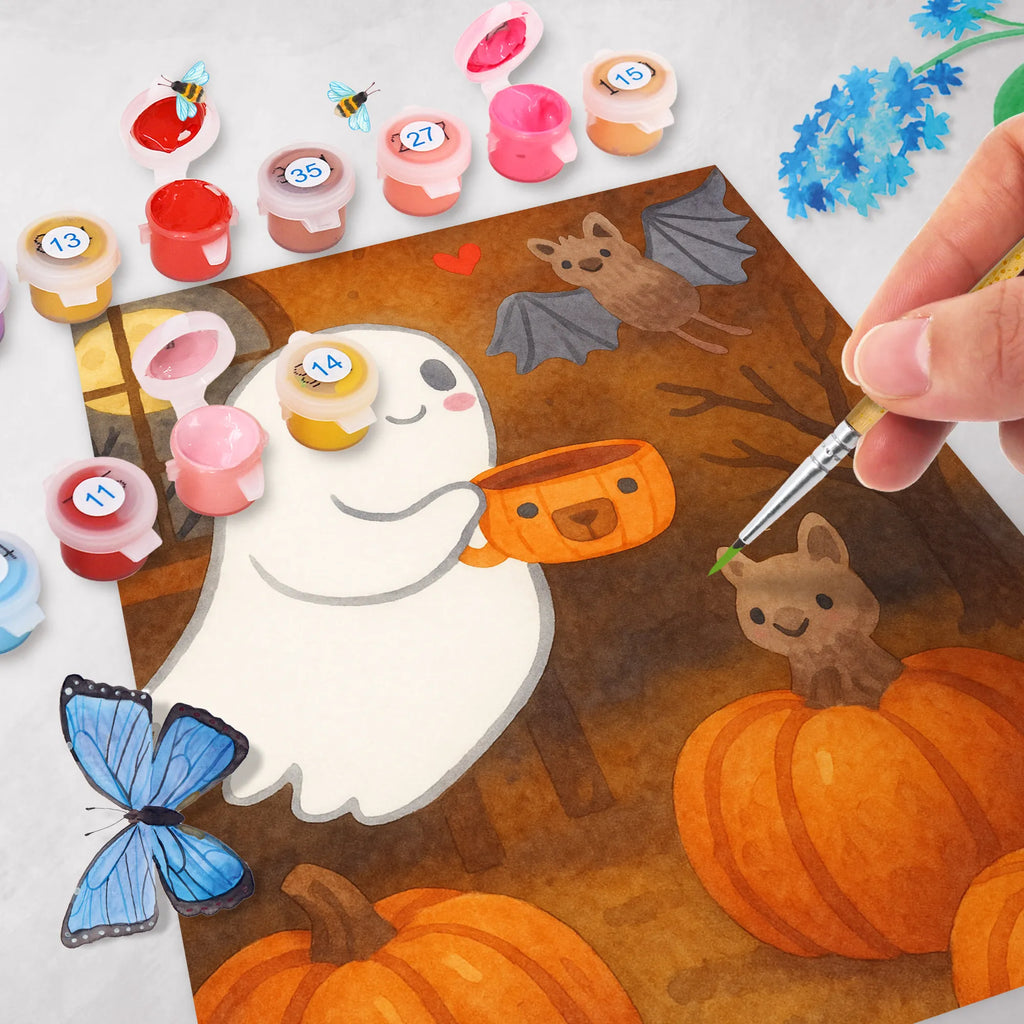 Malowanie według numerów Duch kawa Design Kreativität, Malen, DIY, Malen nach Zahlen, Baseln, Bastelidee, Kunstwerk, Ausmalbild, Künstler, Halloween, Deko, Martinssingen, Dekoration, Geschenke, Schenken, Kaffee, Gespenst