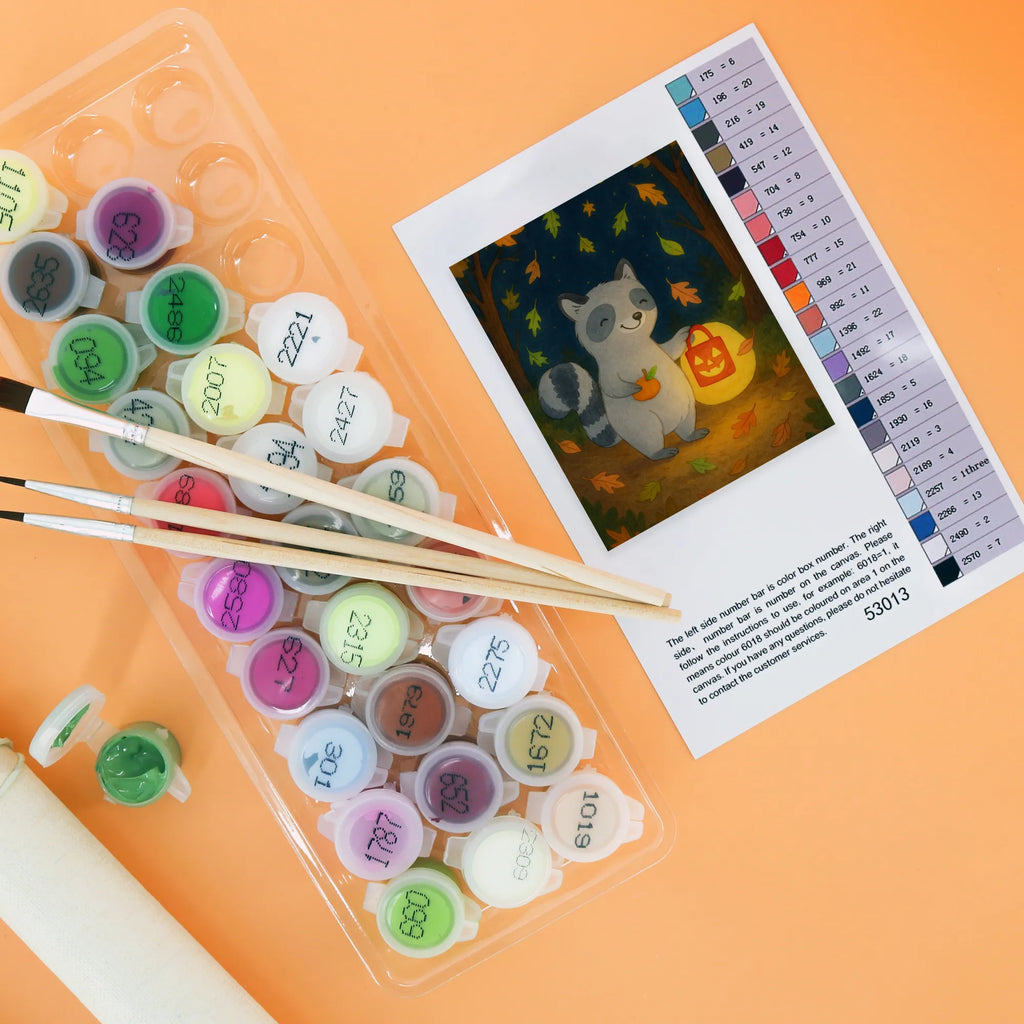 Malowanie według numerów szop pracz latarnia Design Ausmalbild, Malen, DIY, Kunstwerk, Kreativität, Baseln, Malen nach Zahlen, Künstler, Bastelidee, Halloween, Deko, Martinssingen, Dekoration, Geschenke, Schenken, Süßes sonst gibt's saures, Waschbär, Halloween Deko, Laterne, Trick or Treat, Herbst