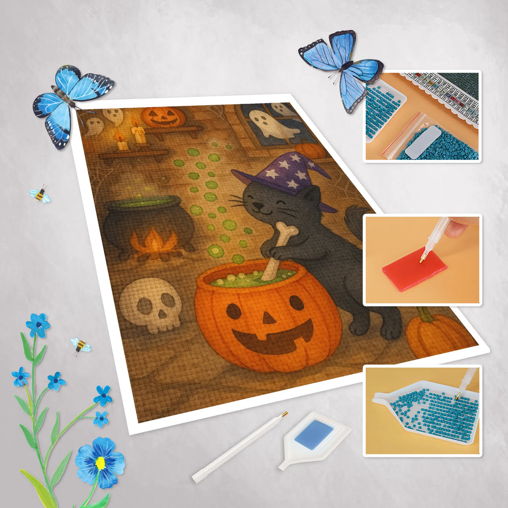 Diamond Painting Male Cat Cauldron Design Halloween, decoration, Martin singing, decor, gifts, giving