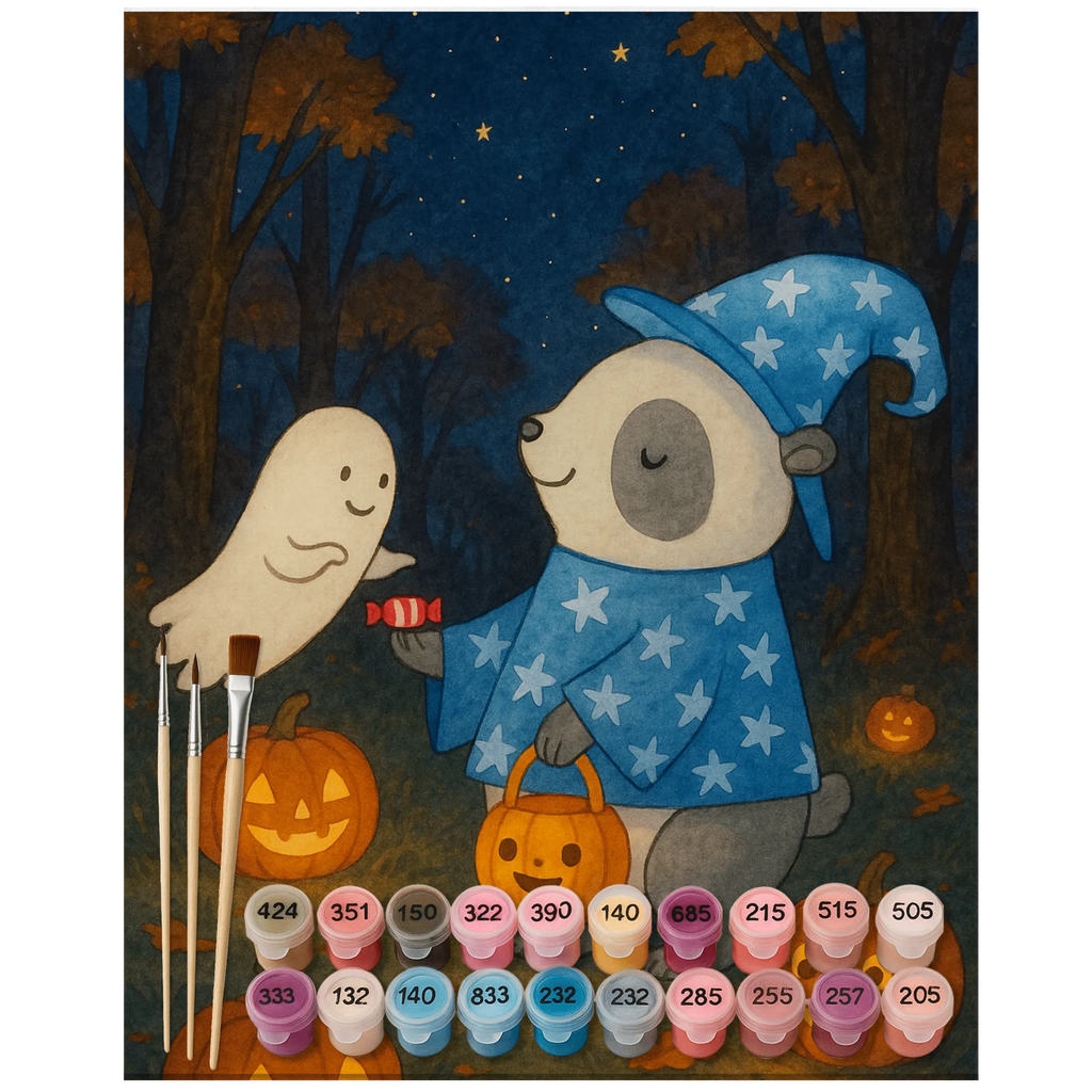 Malowanie według numerów Panda Czarodziej Design Bastelidee, Baseln, Malen nach Zahlen, DIY, Malen, Ausmalbild, Künstler, Kunstwerk, Kreativität, Halloween, Deko, Martinssingen, Dekoration, Geschenke, Schenken, Zauberer, Süßes sonst gibt's saures, Panda, Trick or Treat, Gespenst, Halloween Deko