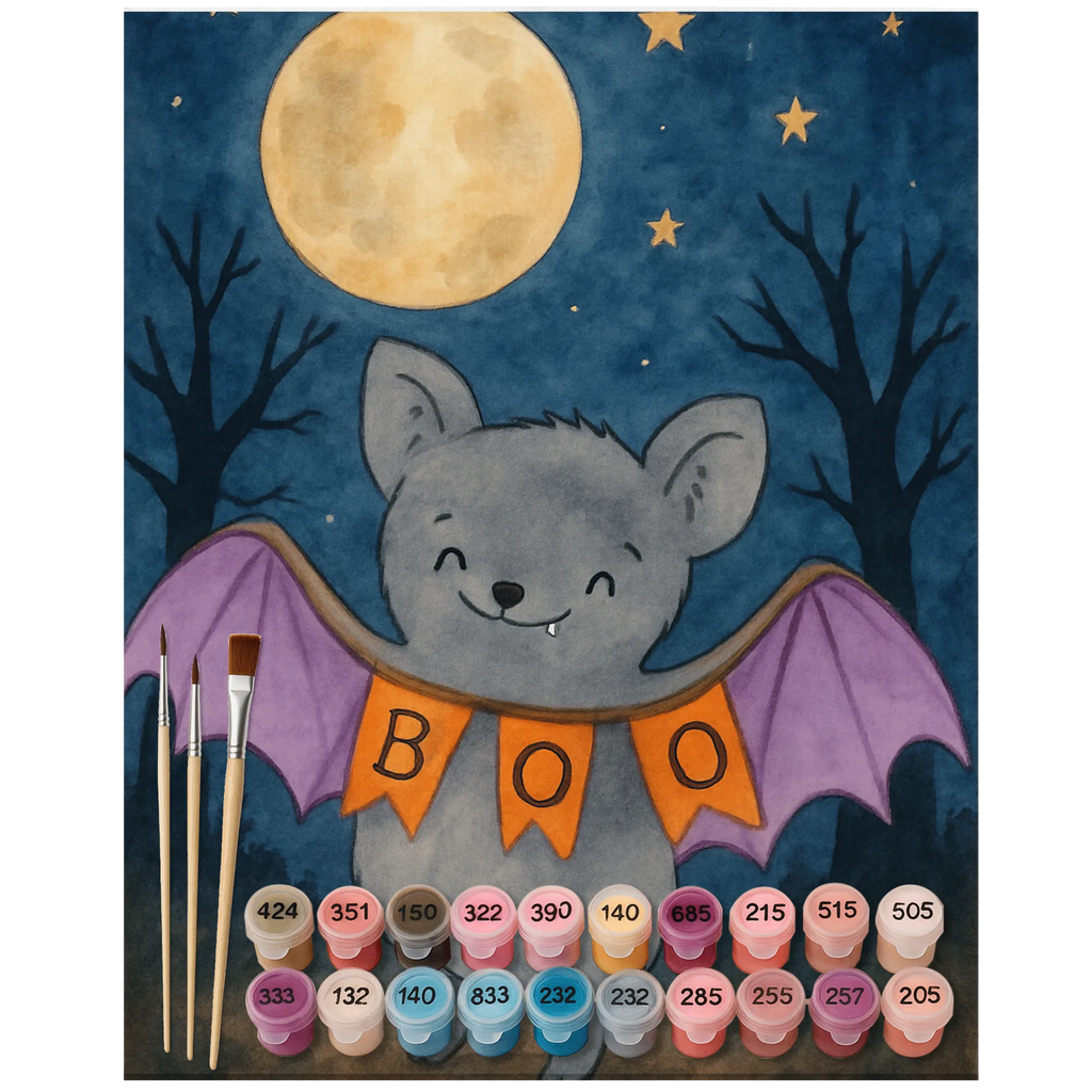 Malowanie według numerów nietoperz Buu Design Baseln, Künstler, Malen, Kunstwerk, Kreativität, Ausmalbild, Malen nach Zahlen, DIY, Bastelidee, Halloween, Deko, Martinssingen, Dekoration, Geschenke, Schenken