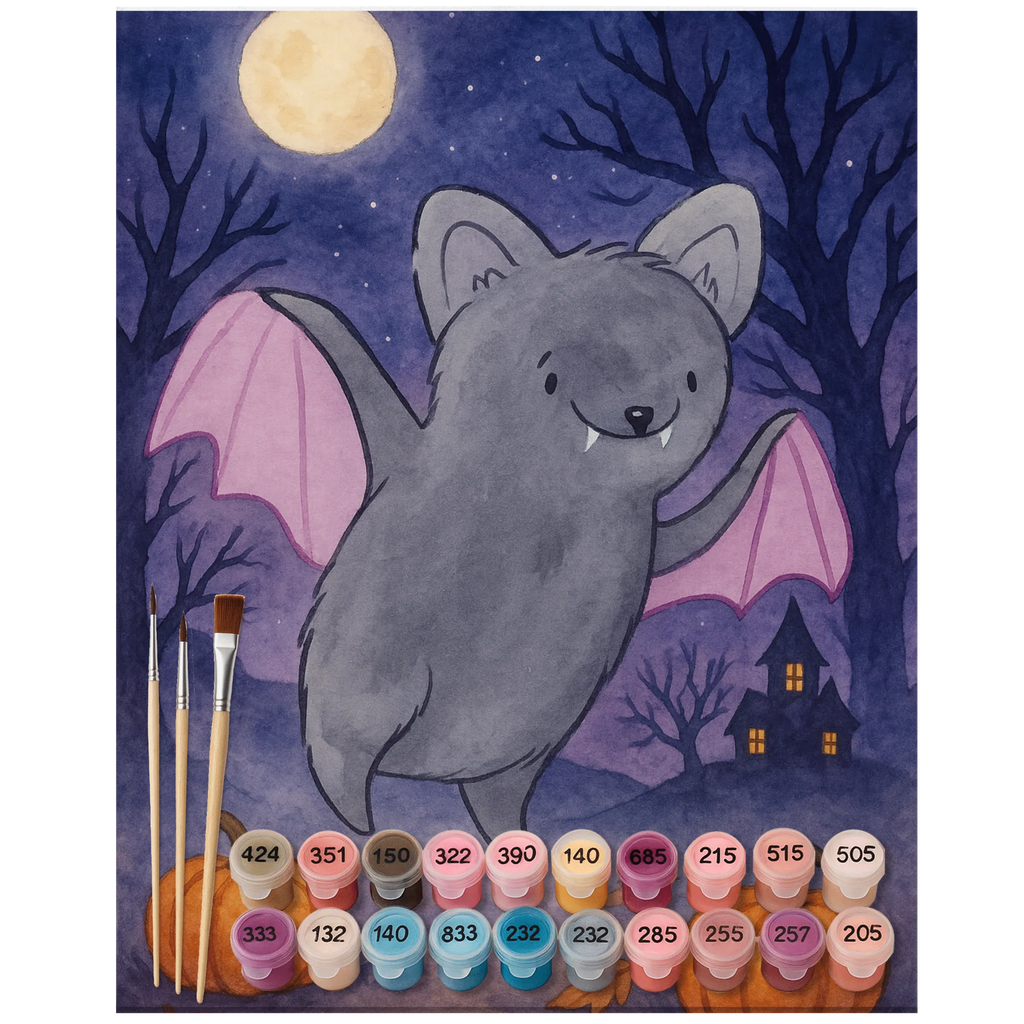 Paint by Numbers Bat Frighten Design Ausmalbild, DIY, Malen, Bastelidee, Kunstwerk, Baseln, Künstler, Kreativität, Malen nach Zahlen, Halloween, Deko, Martinssingen, Dekoration, Geschenke, Schenken