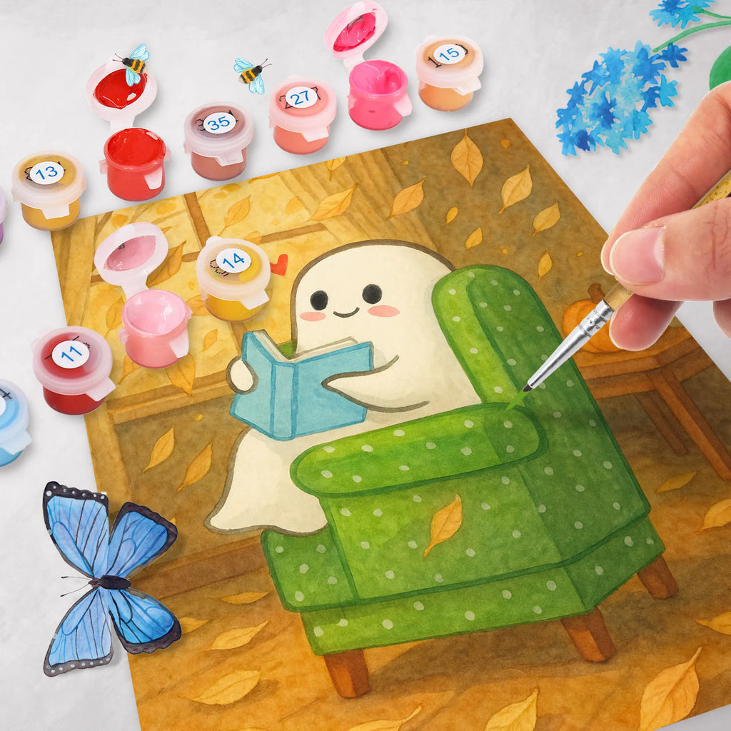 Paint by Numbers Ghost Book Design Baseln, Bastelidee, Kreativität, Ausmalbild, Künstler, Malen nach Zahlen, Malen, Kunstwerk, DIY, Halloween, Deko, Martinssingen, Dekoration, Geschenke, Schenken, gemütlich, Buch, Gespenst, Herbst