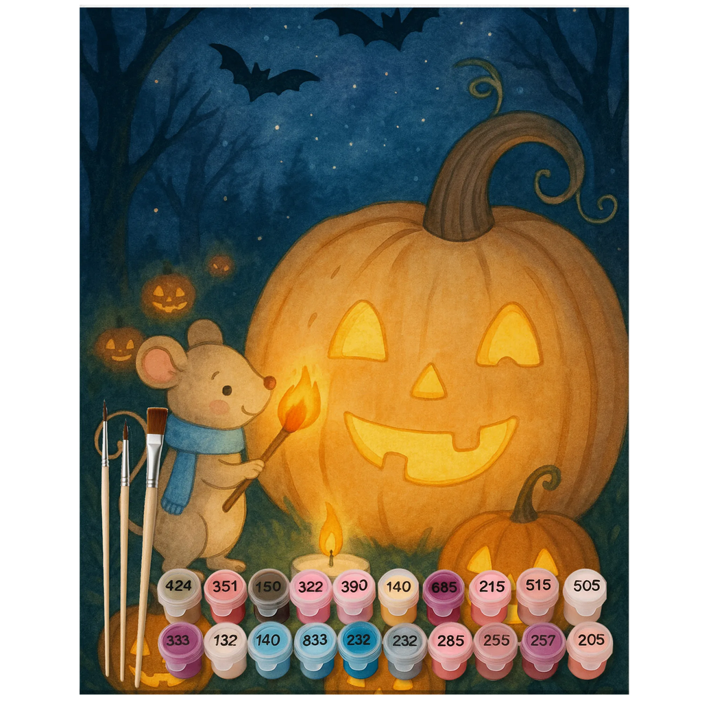 Malowanie według numerów dynia mysz Design DIY, Kunstwerk, Bastelidee, Kreativität, Künstler, Malen nach Zahlen, Malen, Ausmalbild, Baseln, Halloween, Deko, Martinssingen, Dekoration, Geschenke, Schenken, Kerzen, Trick or Treat, Halloween Deko, Süßes sonst gibt's saures, Maus, Kürbis