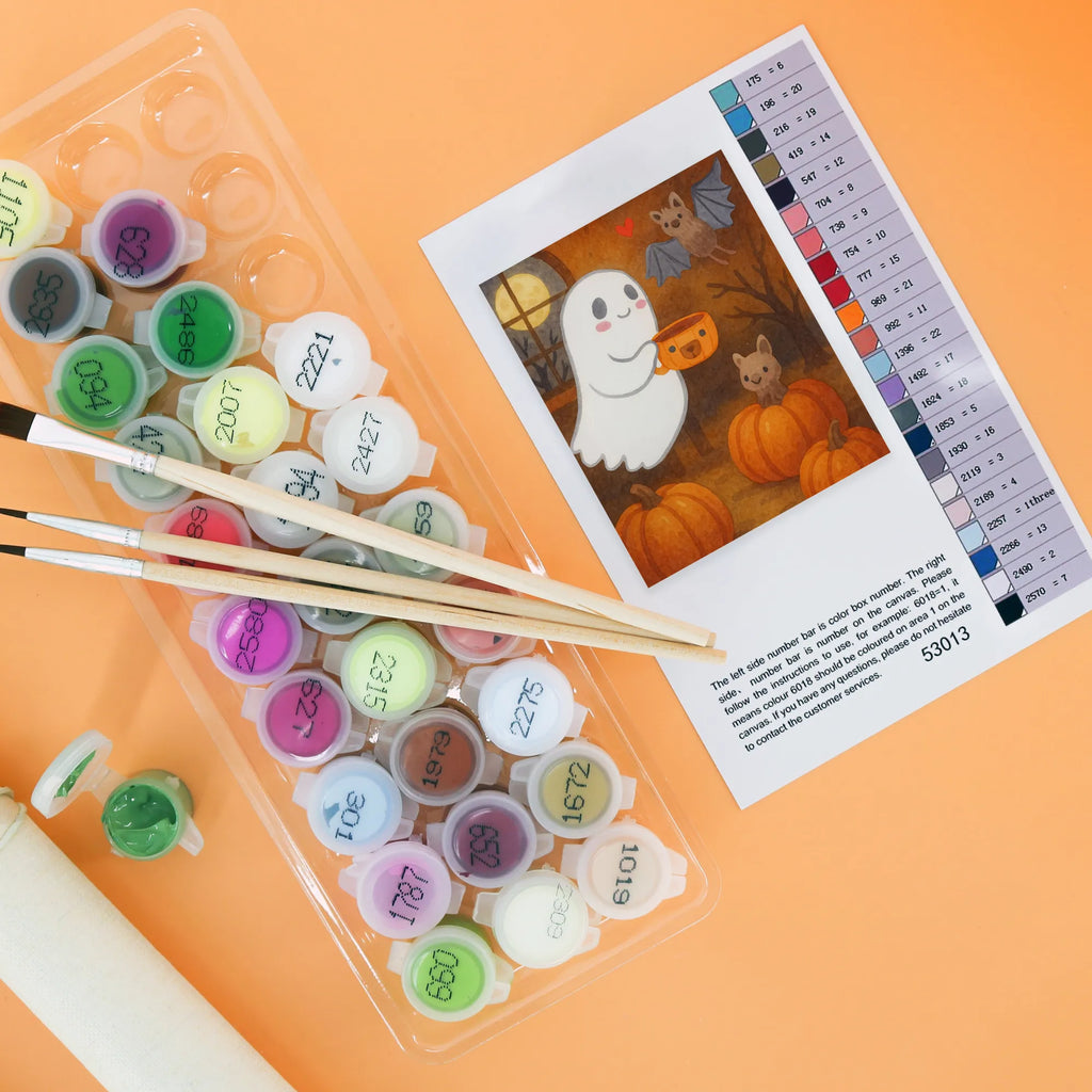 Malowanie według numerów Duch kawa Design Kreativität, Malen, DIY, Malen nach Zahlen, Baseln, Bastelidee, Kunstwerk, Ausmalbild, Künstler, Halloween, Deko, Martinssingen, Dekoration, Geschenke, Schenken, Kaffee, Gespenst