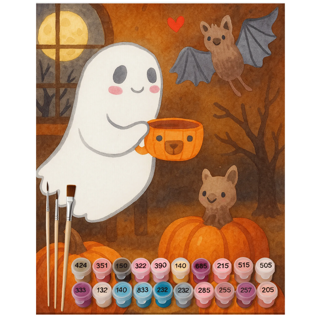 Malowanie według numerów Duch kawa Design Kreativität, Malen, DIY, Malen nach Zahlen, Baseln, Bastelidee, Kunstwerk, Ausmalbild, Künstler, Halloween, Deko, Martinssingen, Dekoration, Geschenke, Schenken, Kaffee, Gespenst