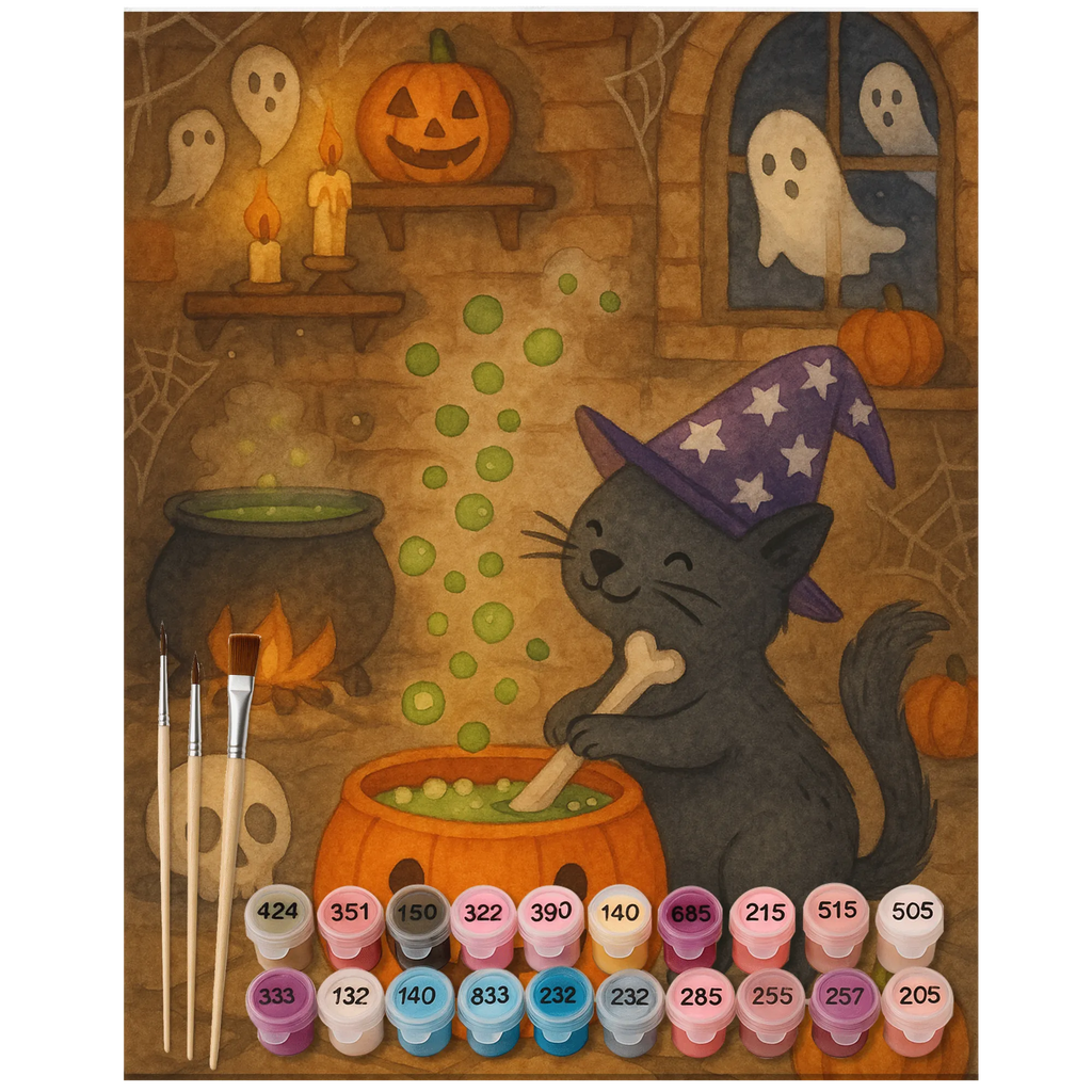 Paint by Numbers Male Cat Cauldron Design DIY, Ausmalbild, Malen nach Zahlen, Malen, Bastelidee, Kreativität, Künstler, Kunstwerk, Baseln, Halloween, Deko, Martinssingen, Dekoration, Geschenke, Schenken, Hexenkessel, Zaubertrank, Kater, Hexe, Zaubern