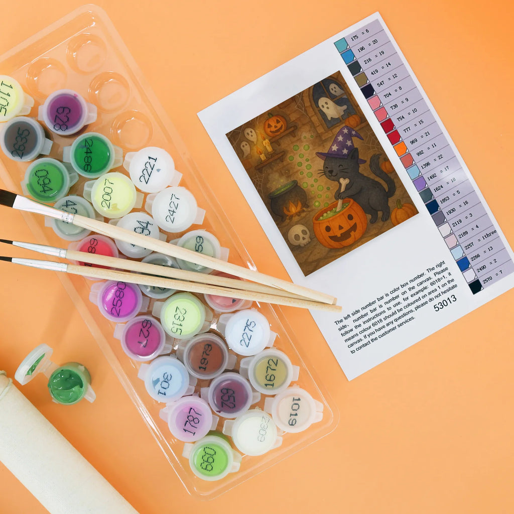 Paint by Numbers Male Cat Cauldron Design DIY, Ausmalbild, Malen nach Zahlen, Malen, Bastelidee, Kreativität, Künstler, Kunstwerk, Baseln, Halloween, Deko, Martinssingen, Dekoration, Geschenke, Schenken, Hexenkessel, Zaubertrank, Kater, Hexe, Zaubern