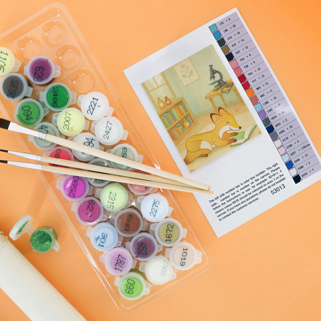 Malen nach Zahlen Fuchs Lesen Design Ausmalbild, Kunstwerk, Basteln, DIY, Künstler, Malen, Malen nach Zahlen, Kreativität, Bastelidee, Sportler, Schenken, Gewinn, Auszeichnung, Dankeschön, Danke, Hobby, Sportart, Geschenk, Sport, Bücher lesen, lesen, Bücherwurm