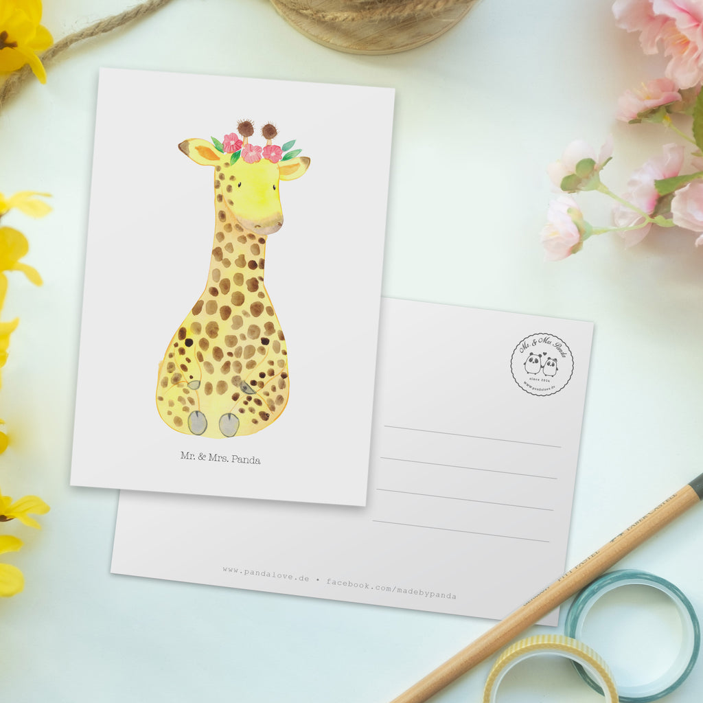 Postkarte Giraffe Blumenkranz Postkarte, Karte, Geschenkkarte, Grußkarte, Einladung, Ansichtskarte, Geburtstagskarte, Einladungskarte, Dankeskarte, Afrika, Wildtiere, Giraffe, Blumenkranz, Abenteurer, Selbstliebe, Freundin
