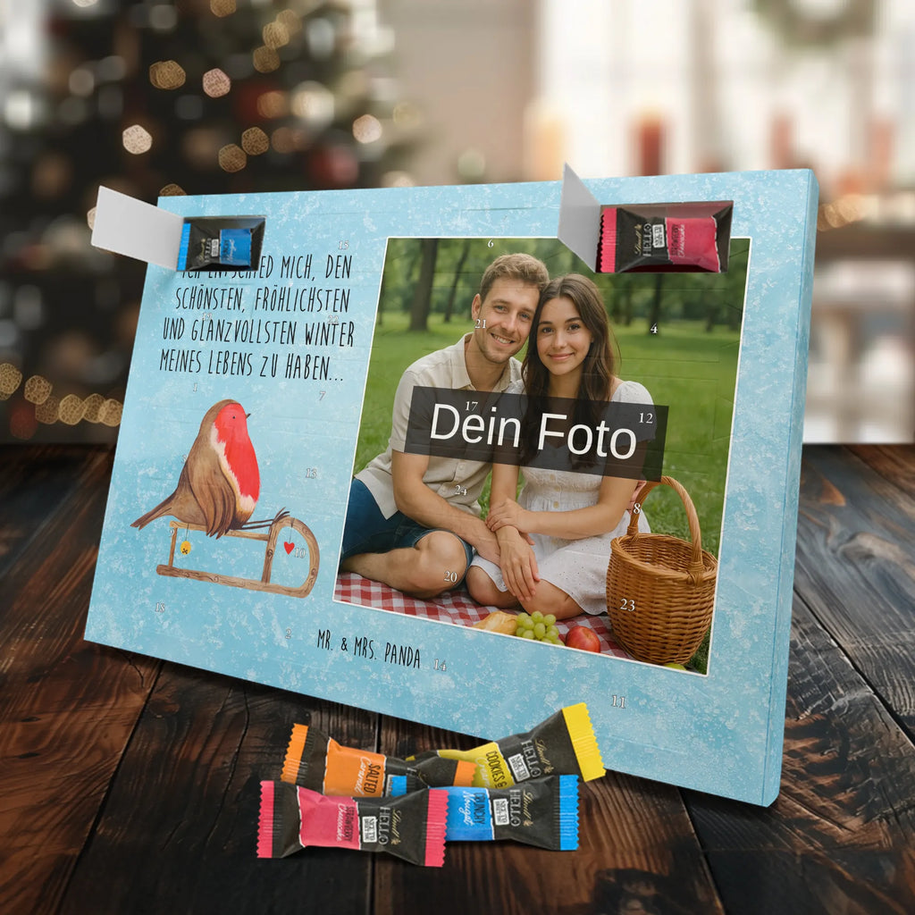 Personalisierter Schoko Foto Adventskalender Rotkehlchen Schlitten Personalisierter Schoko Foto Adventskalender, Winter, Wintermotiv, Advent, Nikolaus, Weihnachten, Weihnachtsdeko, Heiligabend, Vogel, Schlitten