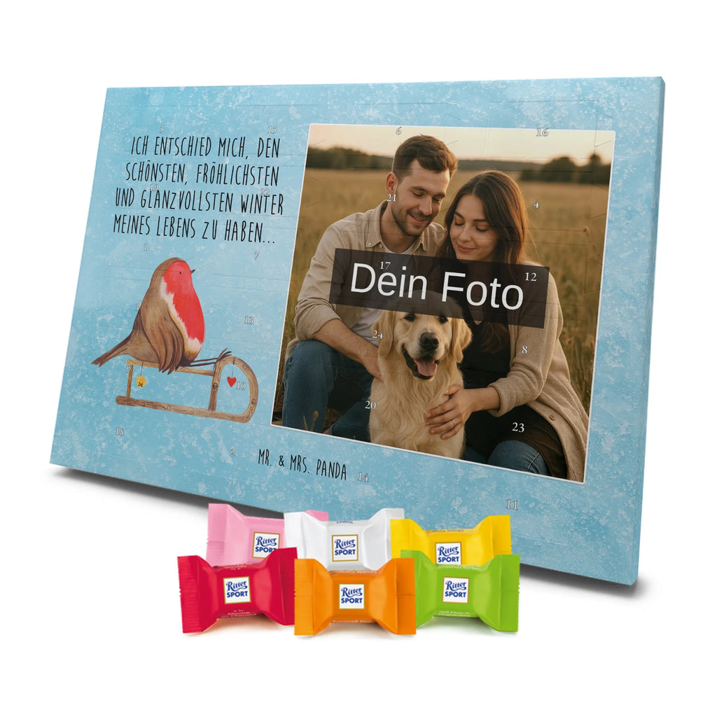 Personalisierter Schoko Foto Adventskalender Rotkehlchen Schlitten Personalisierter Schoko Foto Adventskalender, Winter, Wintermotiv, Advent, Nikolaus, Weihnachten, Weihnachtsdeko, Heiligabend, Vogel, Schlitten