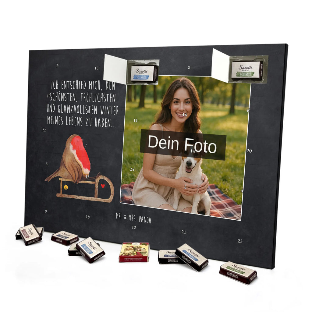 Personalisierter Schoko Foto Adventskalender Rotkehlchen Schlitten Personalisierter Schoko Foto Adventskalender, Winter, Wintermotiv, Advent, Nikolaus, Weihnachten, Weihnachtsdeko, Heiligabend, Vogel, Schlitten