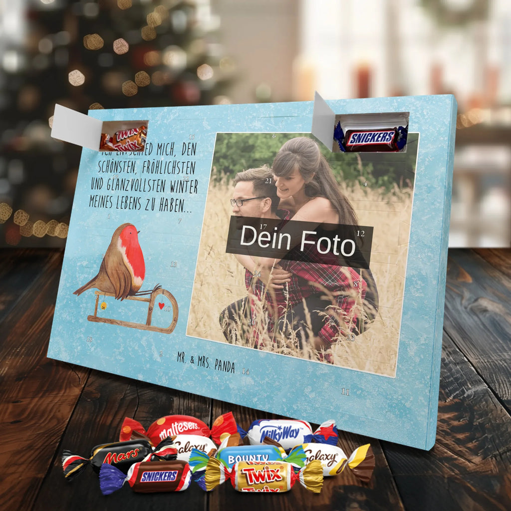 Personalisierter Schoko Foto Adventskalender Rotkehlchen Schlitten Personalisierter Schoko Foto Adventskalender, Winter, Wintermotiv, Advent, Nikolaus, Weihnachten, Weihnachtsdeko, Heiligabend, Vogel, Schlitten