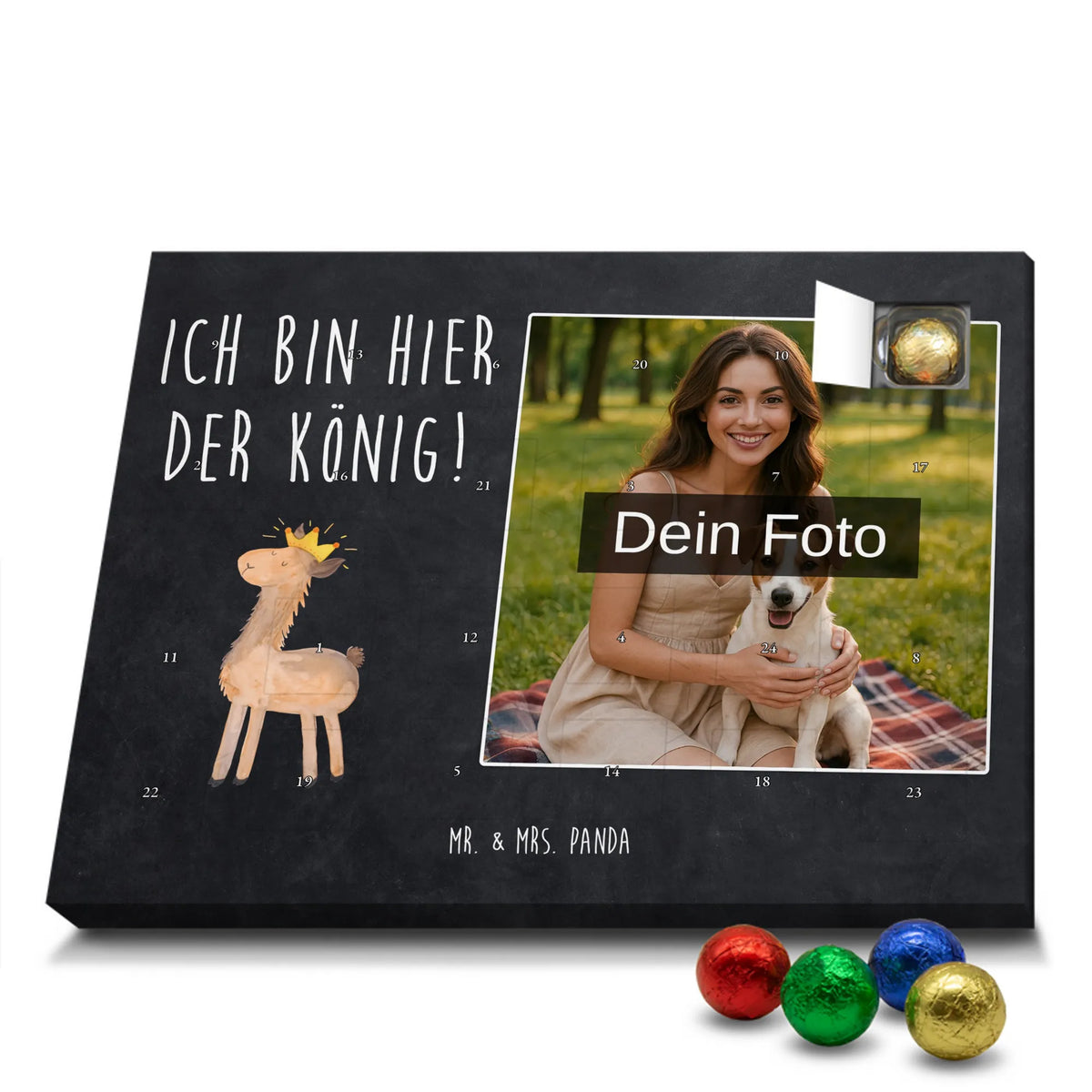 Personalisierter Schoko Foto Adventskalender Lama König Personalisierter Schoko Foto Adventskalender, Foto Adventskalender, Fotokalender Advent, Schoko Foto Adventskalender, Foto Schokoladen Adventskalender, Lama, Alpaka, Vorgesetzter, König, Königin, Chef, Abitur, Kollegin, Mama, Papa, Freundin, Büro Kollege, Lamas, Abi
