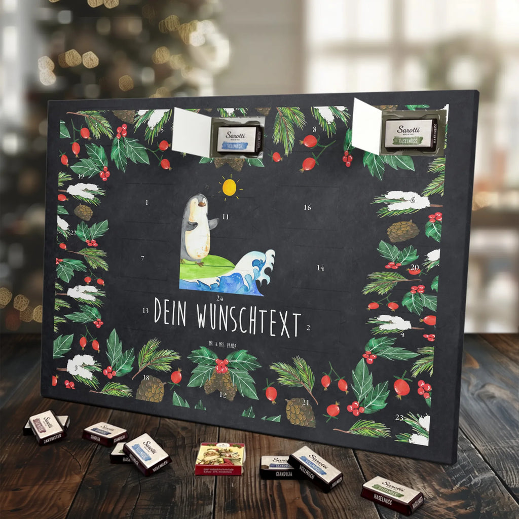 Personalisierter Schoko Adventskalender Pinguin Surfer Personalisierter Adventskalender, Adventskalender mit Namen, Pinguin, Wellen Reiten, Pinguine, Urlaub, Wellen, Surfen, Surfer, Portugal, Hawaii