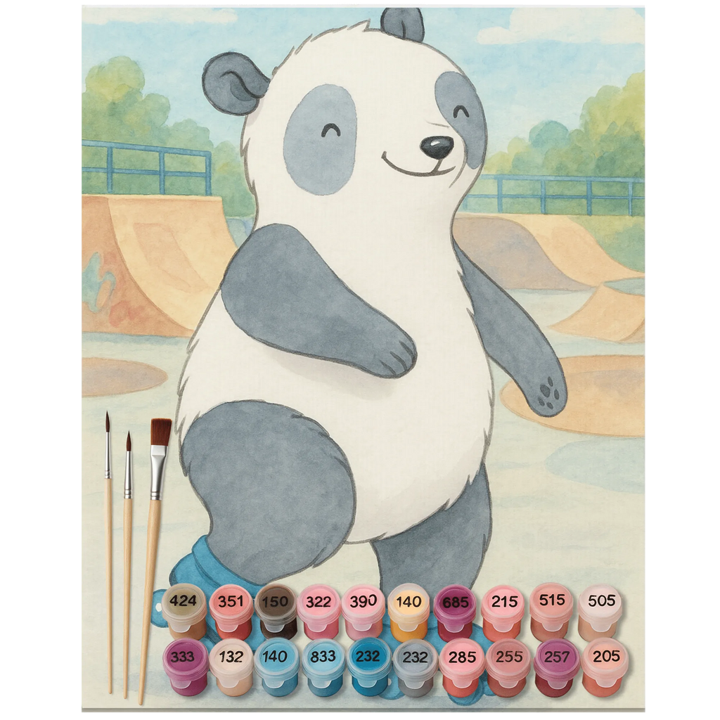 Malen nach Zahlen Panda Inliner fahren Design Basteln, DIY, Künstler, Ausmalbild, Bastelidee, Kreativität, Malen, Malen nach Zahlen, Kunstwerk, Sportler, Schenken, Gewinn, Auszeichnung, Dankeschön, Danke, Hobby, Sportart, Geschenk, Sport, inlinern, Inliner fahren, Rollschuh fahren