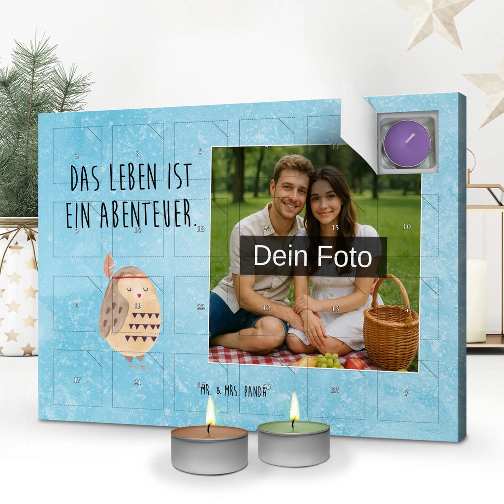 Personalisierter Duftkerzen Foto Adventskalender Eule Federschmuck Personalisierter Duftkerzen Foto Adventskalender, Eule, Dekoration, Eule Deko, Owl, Das Leben Ist Ein Abenteuer, Reisespruch, Federschmuck