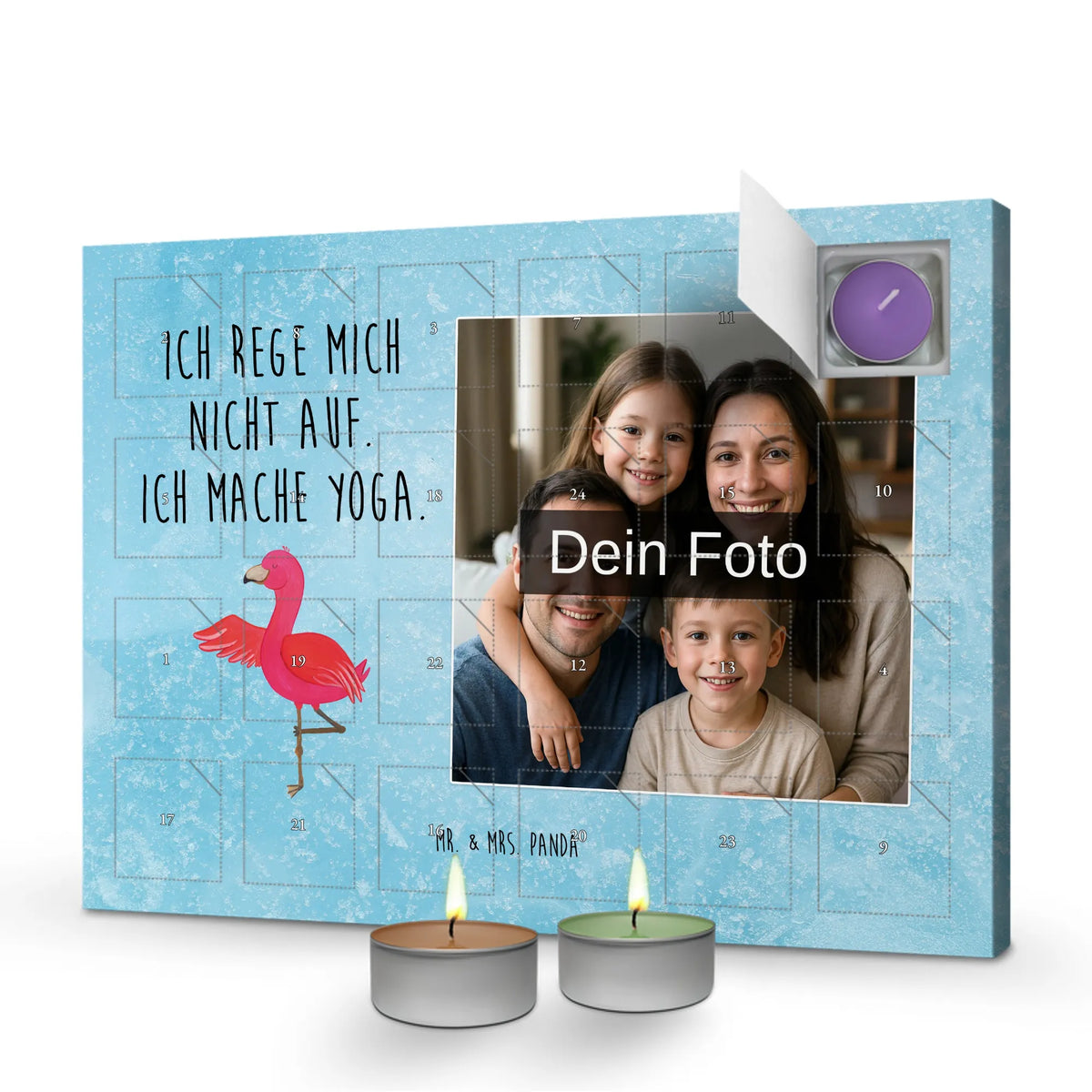  Flamingo joga Personalisierter Duftkerzen Foto Adventskalender, Flamingo, Yoga, Tiefenentspannung, Achtsamkeit, Entspannung, Aufregen, Namaste, Vogel, Ärger, Yoga-Übung