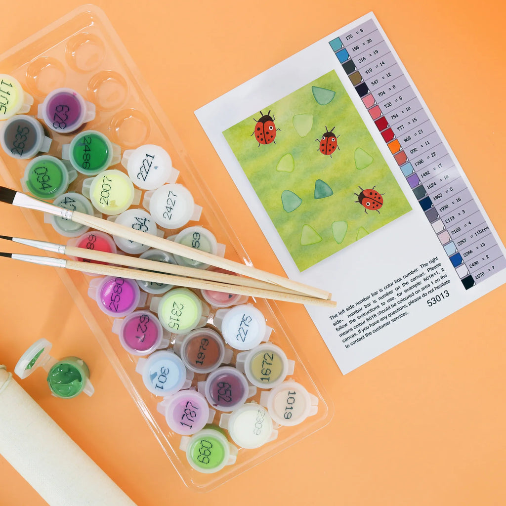 Malowanie według numerów biedronka wzornictwo Design Malen nach Zahlen, leinwand malset, diy set, kreativ set, zahlenbilder, malset, malen nach zahlen set, Muster, Grüne Punkte, Niedlich, Aquarell, Marienkäfer, Verspielt