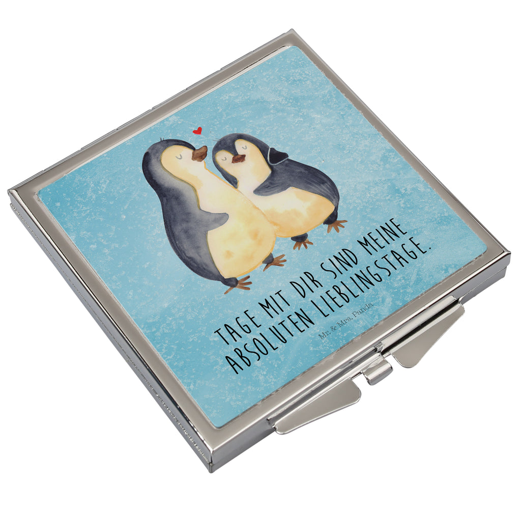 Handtaschenspiegel quadratisch Pinguin umarmend Spiegel, Handtasche, Quadrat, silber, schminken, Schminkspiegel, Pinguin, Liebe, Liebespaar, Liebesbeweis, Liebesgeschenk, Verlobung, Jahrestag, Hochzeitstag, Hochzeit, Hochzeitsgeschenk