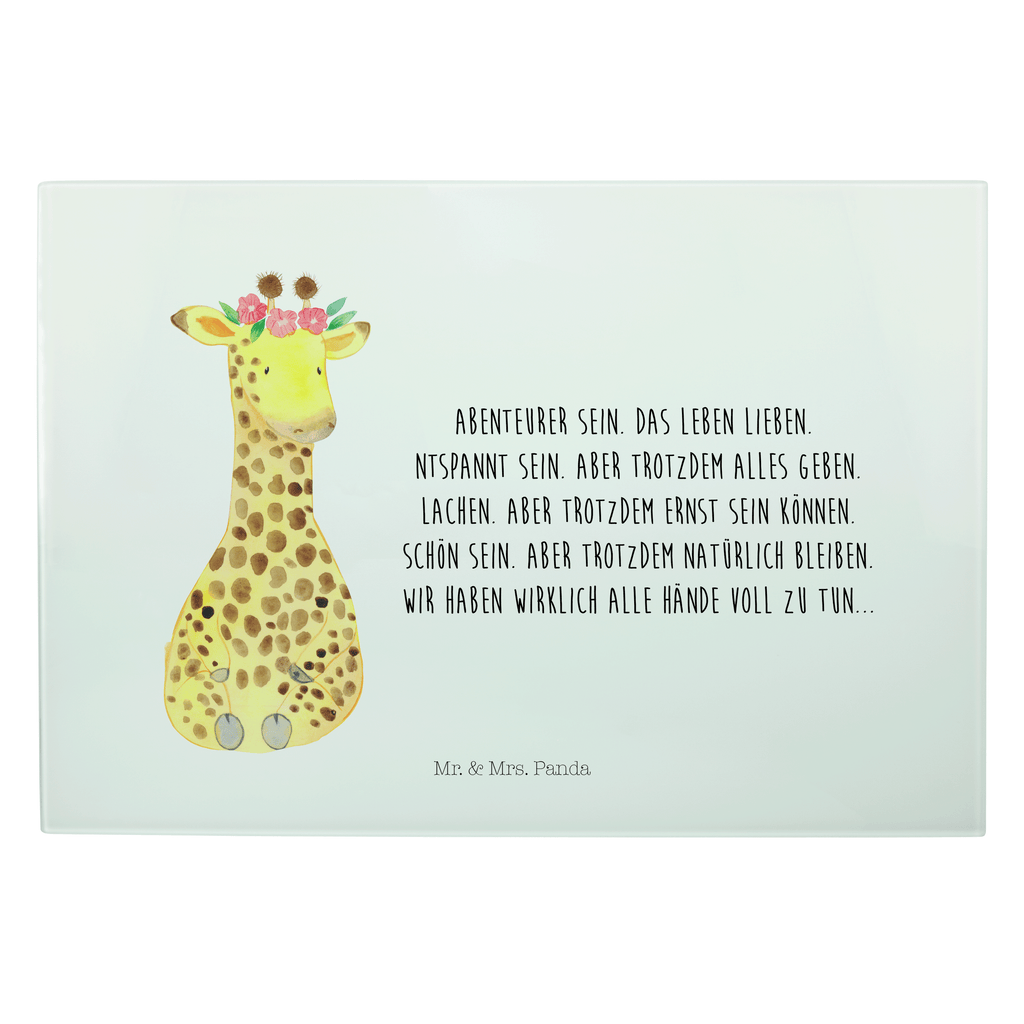 Glasschneidebrett Giraffe Blumenkranz Glasschneidebrett, Schneidebrett, Frühstücksbrett, Küche, Afrika, Wildtiere, Giraffe, Blumenkranz, Abenteurer, Selbstliebe, Freundin