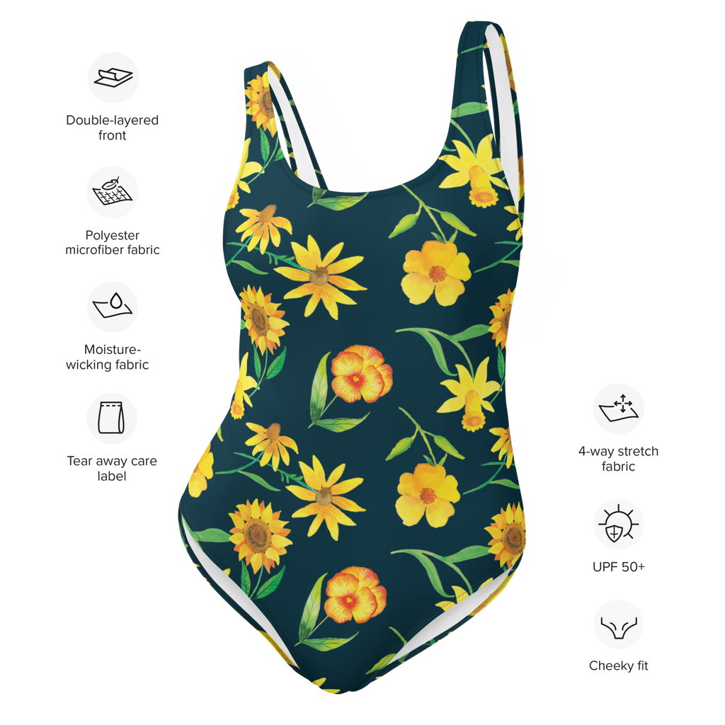 Badeanzug Sonnengruß Design Badebekleidung, Bademode, Badeanzug, Swimsuit, Rückenfreier Badeanzug, Luxus-Bademode, Muster, Blumen, gelbe Blumen, Sonnenblume, Osterglocke
