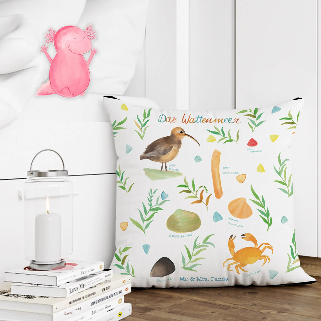 Cushion Wadden Sea bedroom, 40 x 40, couch, 40x40, bed, Pillow, cushion, pillow case, fluffy, pillows, pad, sofa, settee, soft, Nature, joy of life, love, Nature Motif, Decoration Bathroom, North Sea, Baltic Sea, Shell, Birds, Wadden Sea, Ebb, Flood, Gift Maritime, Sea, Lake