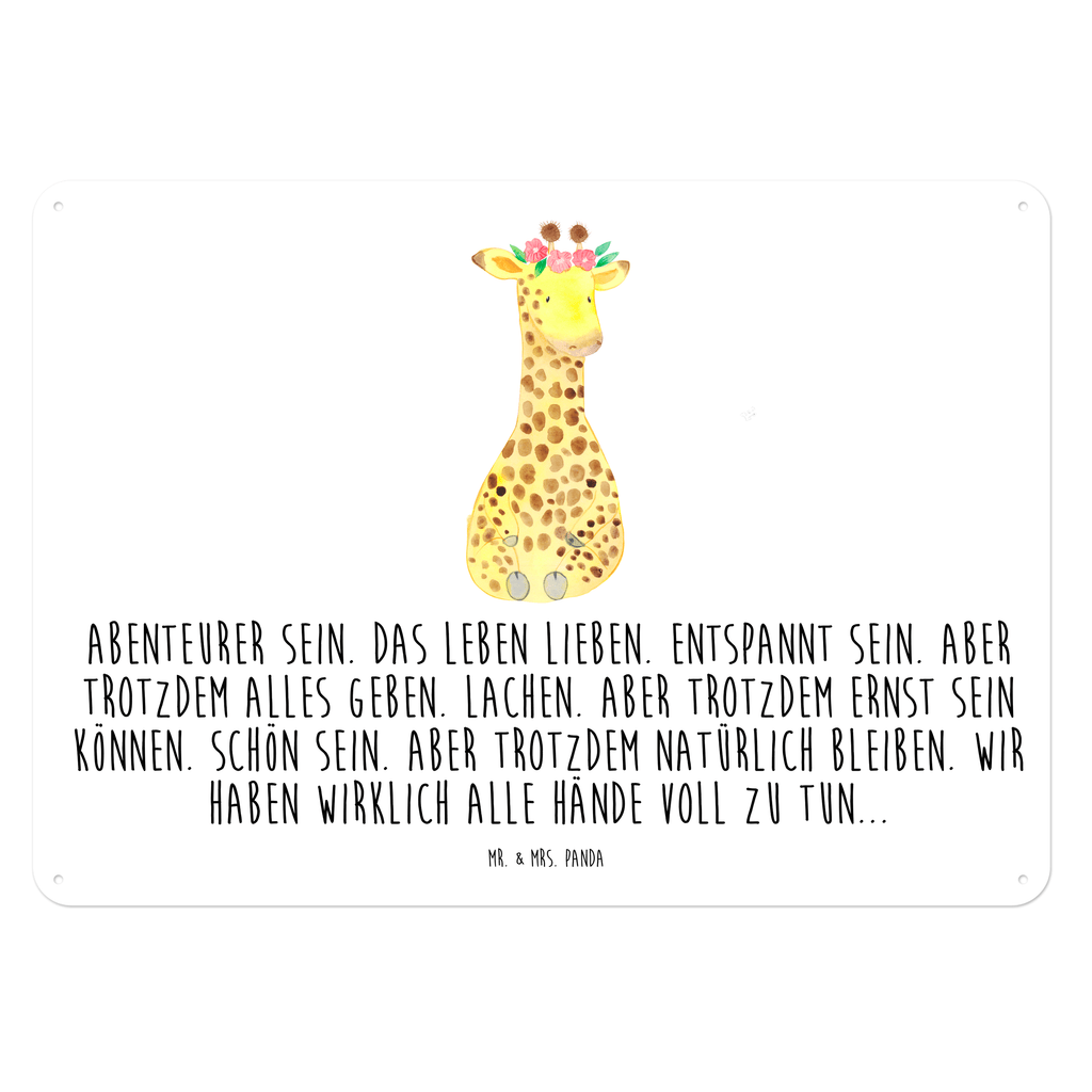 Blechschild Giraffe Blumenkranz Blechschild, Metallschild, Geschenk Schild, Schild, Magnet-Metall-Schild, Deko Schild, Wandschild, Wand-Dekoration, Türschild, Afrika, Wildtiere, Giraffe, Blumenkranz, Abenteurer, Selbstliebe, Freundin