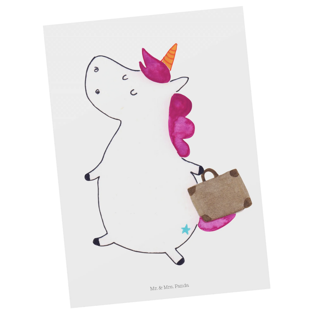 Pocztówka Jednorożec walizka Designkarte, Postkarte, Postkarten, Motivkarte, Ansichtskarte, bildkarte, spruchkarte, kunstkarte, Kunstkarten, Grußkarte, Ansichtskarten, Fotokarte, einzelkarte, Unicorn, Einhorn, Einhörner, Einhorn Deko, Verreisen, Gepäck, Albern, Kind, Witzig, Spaß, Erwachsen, Koffer, Abenteuer, Lustig, Reise