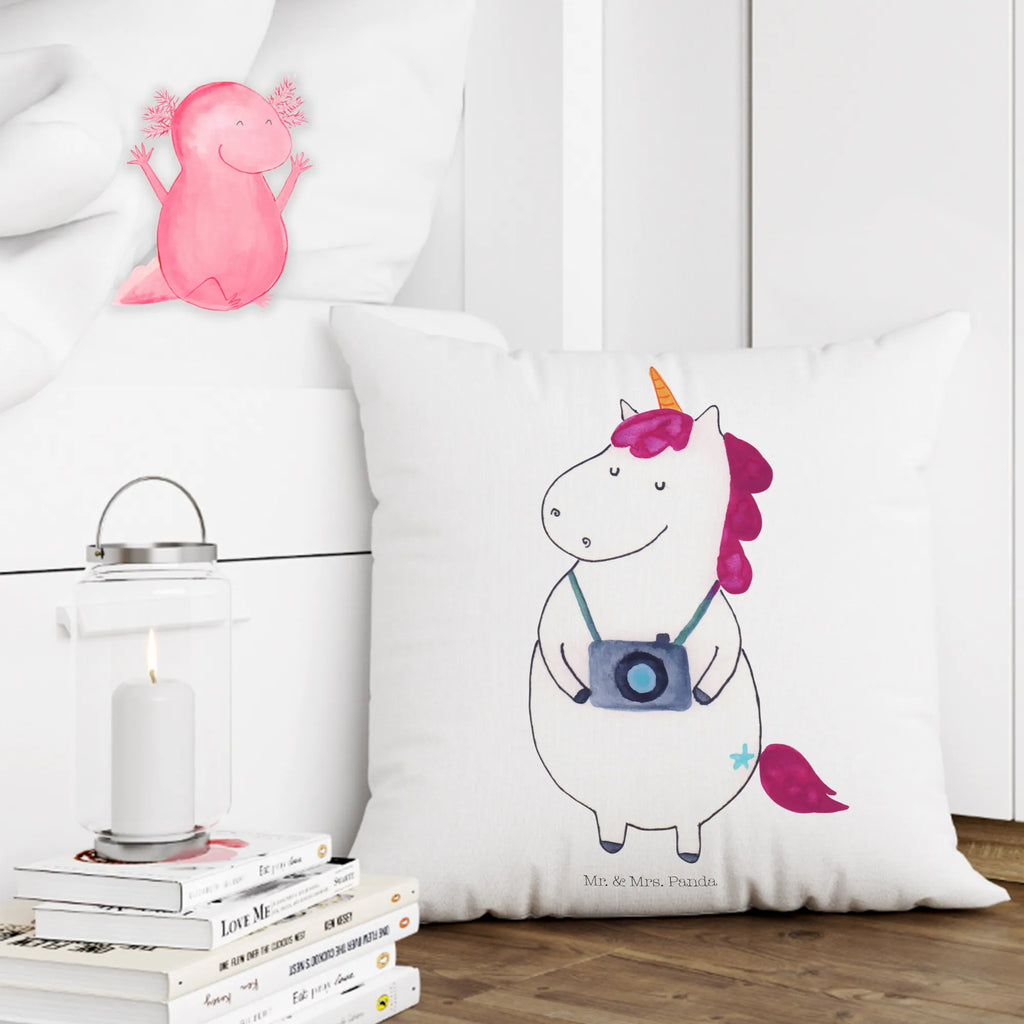 Cushion unicorn photographer 40 x 40, couch, Pillow, fluffy, pillows, bedroom, 40x40, bed, sofa, settee, soft, pad, cushion, pillow case, unicorn, unicorns, Photography, Traveler gift, Holiday, Camera, Unicorn, Photographer gift, Tourist, Traveling, Photographer