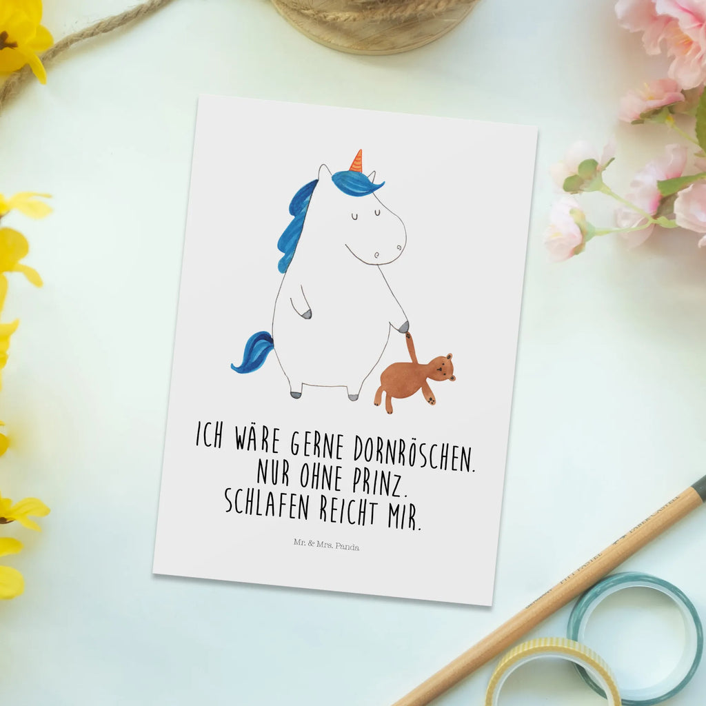 Postcard unicorn teddy letter, postcards, card, gift card, invitation card, gift, Postcard, invitation, paper, unicorn, unicorns, single, good night, child present, girlfriend, sleep, child gift, dreaming, bed, Unicorn, sweet, single life