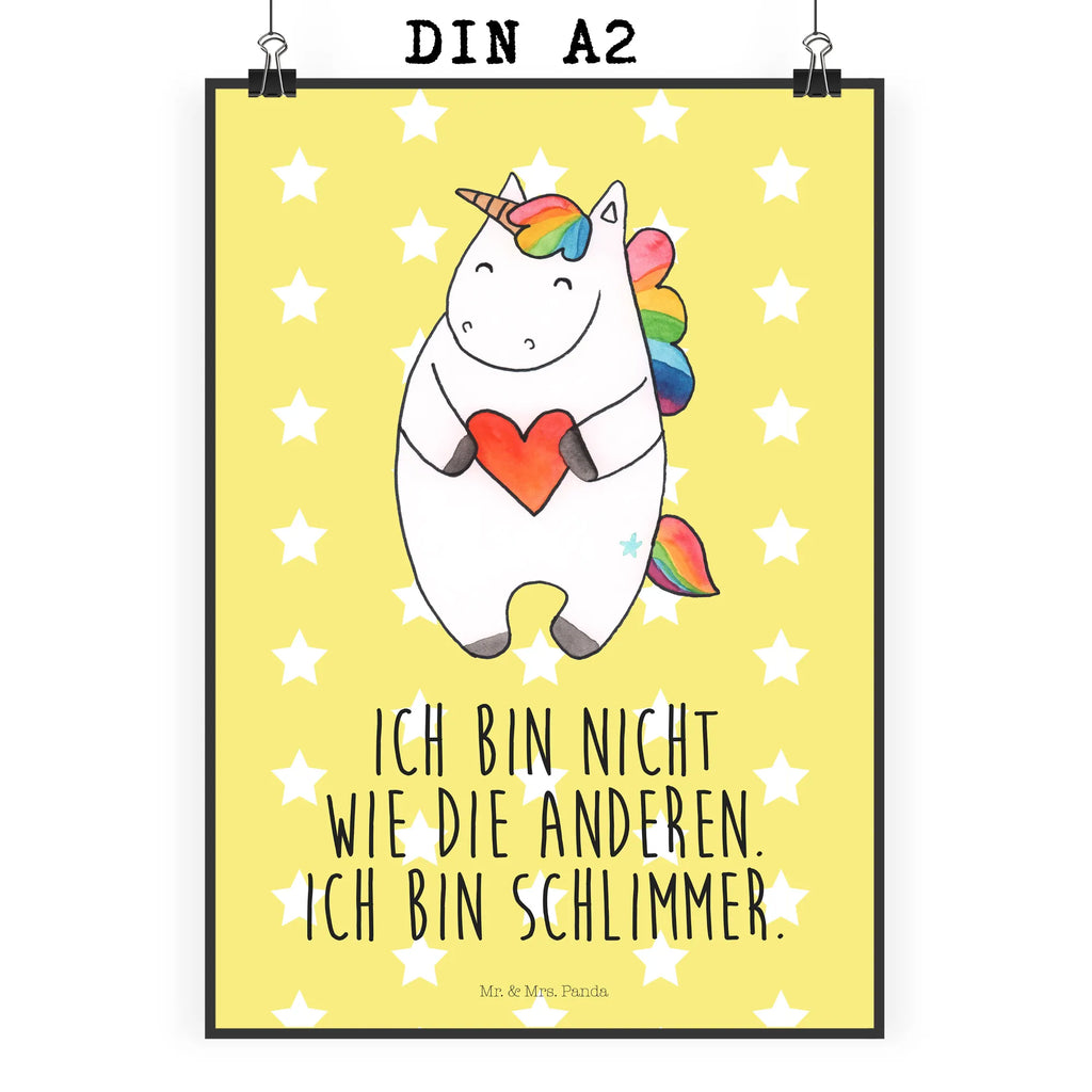 Poster unicorn Heart Poster, Wanddeko Bild, Küchenposter, Posterdruck, Raumdekoration, Mr. & Mrs. Panda Poster, Kinderposter, Wanddekoration, Wanddeko, Wandposter, Kunstdruck, Bild, Handgemaltes Poster, Designposter, Einhorn, Einhörner, Einhorn Deko, Unicorn, schlimm, witzig, böse, bunt, anders, Herz, lustig, Freundin